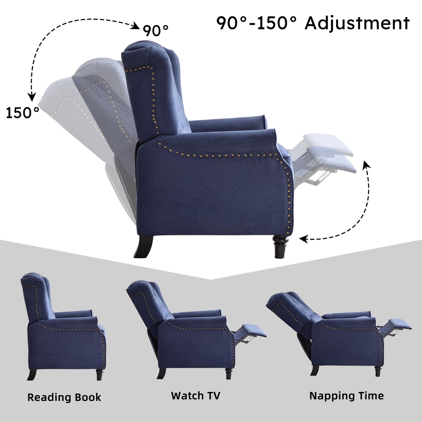 IOMOR Push Back Recliner Chair Fabric Lounge Armchair Pushback Recliner with Rivet Decoration Wingback Single Sofa Chair with Padded Seat for Living Room, Bedroom (1, Navy)