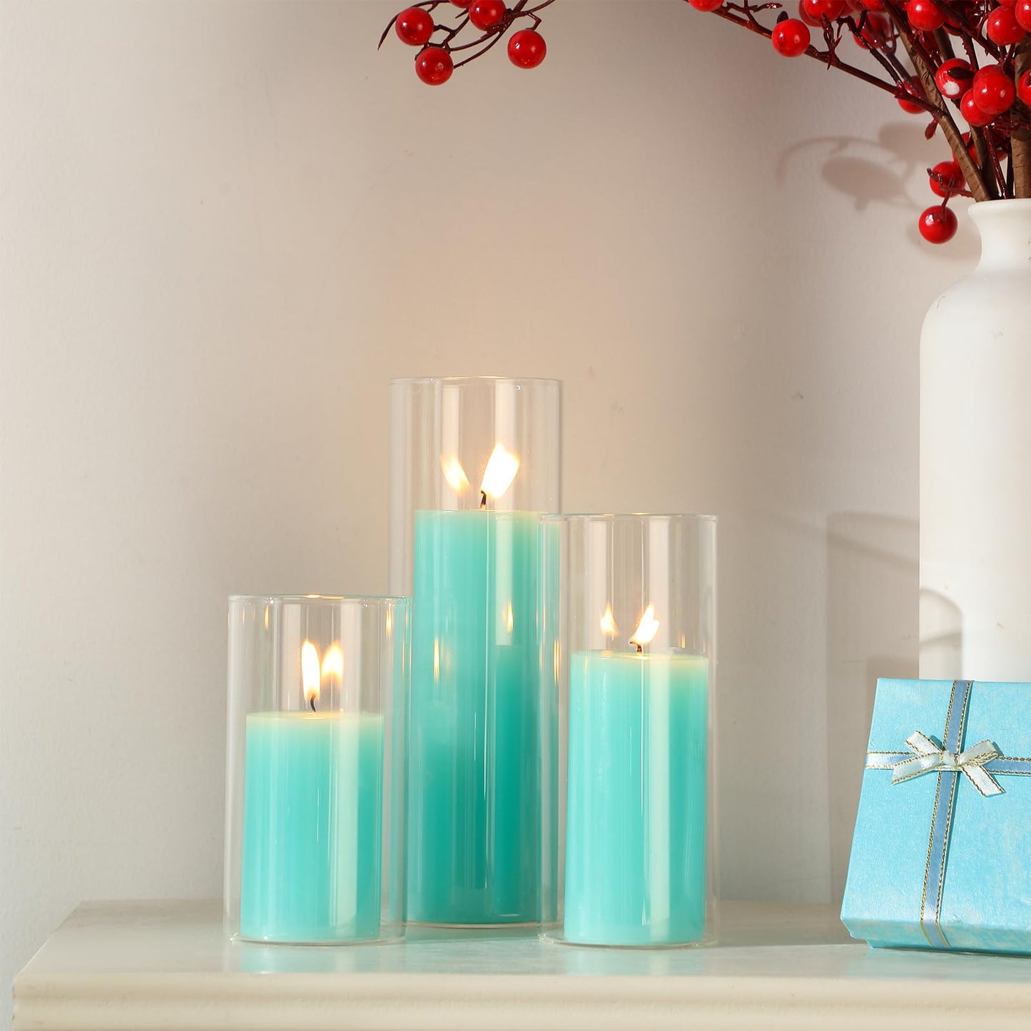 Shihanee Set of 3 Pillar Candles and 3 Glass Cylinder Candle Vases Holders Clear Pillar Jars for Wedding Centerpieces(3'' x 5.9'', 7.9'', 9.8'',Ivory White)