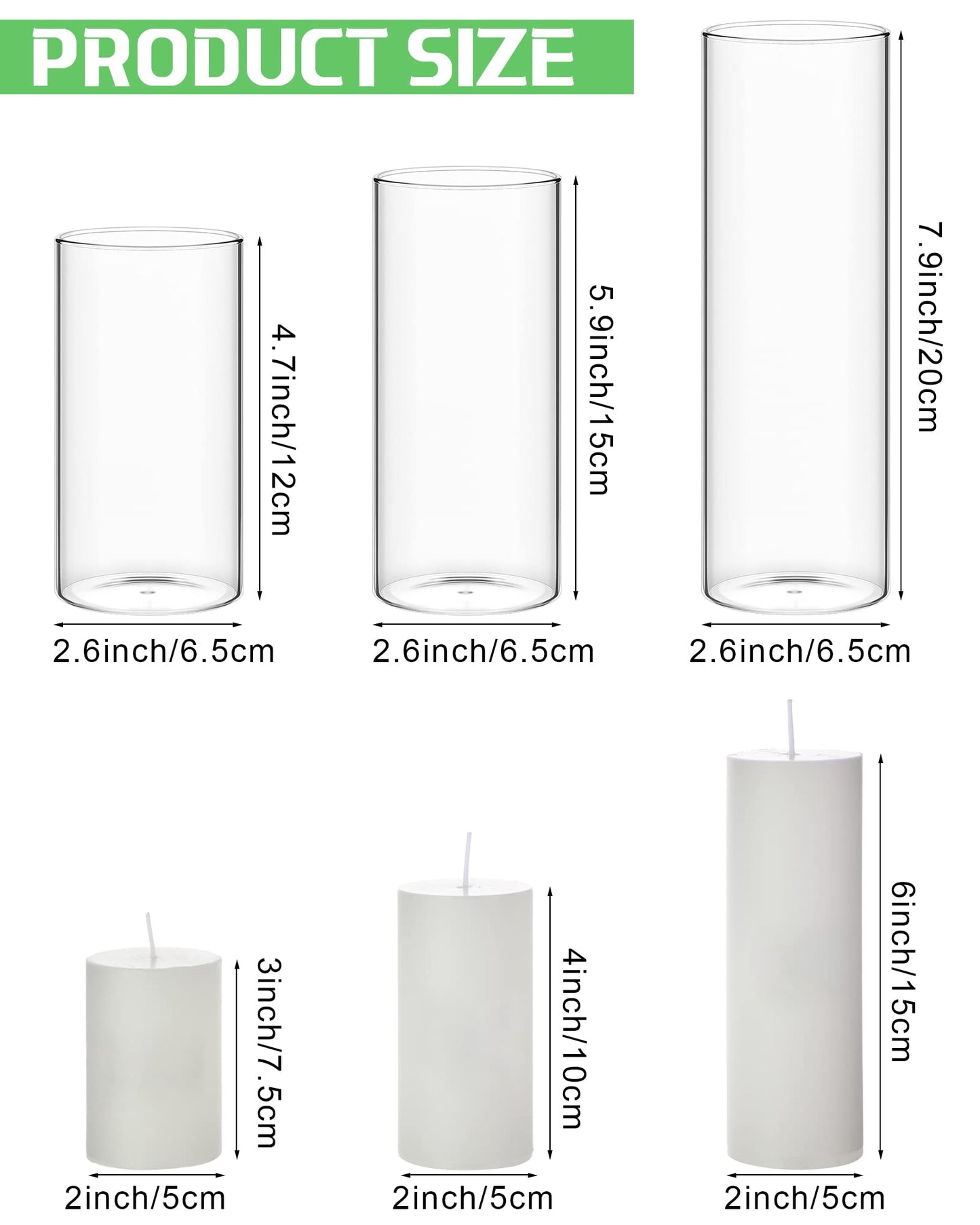 Shihanee Set of 3 Pillar Candles and 3 Glass Cylinder Candle Vases Holders Clear Pillar Jars for Wedding Centerpieces(3'' x 5.9'', 7.9'', 9.8'',Ivory White)