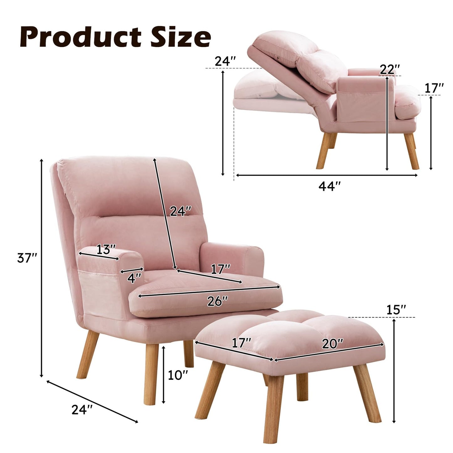 IOMOR Accent Chair with Ottoman Comfy Reading Chair Armchair with Adjustable Backrest and Side Pockets Soft Fabric Leisure Sofa for Bedroom, Living Room, Dorm Rooms, Garden, Beige