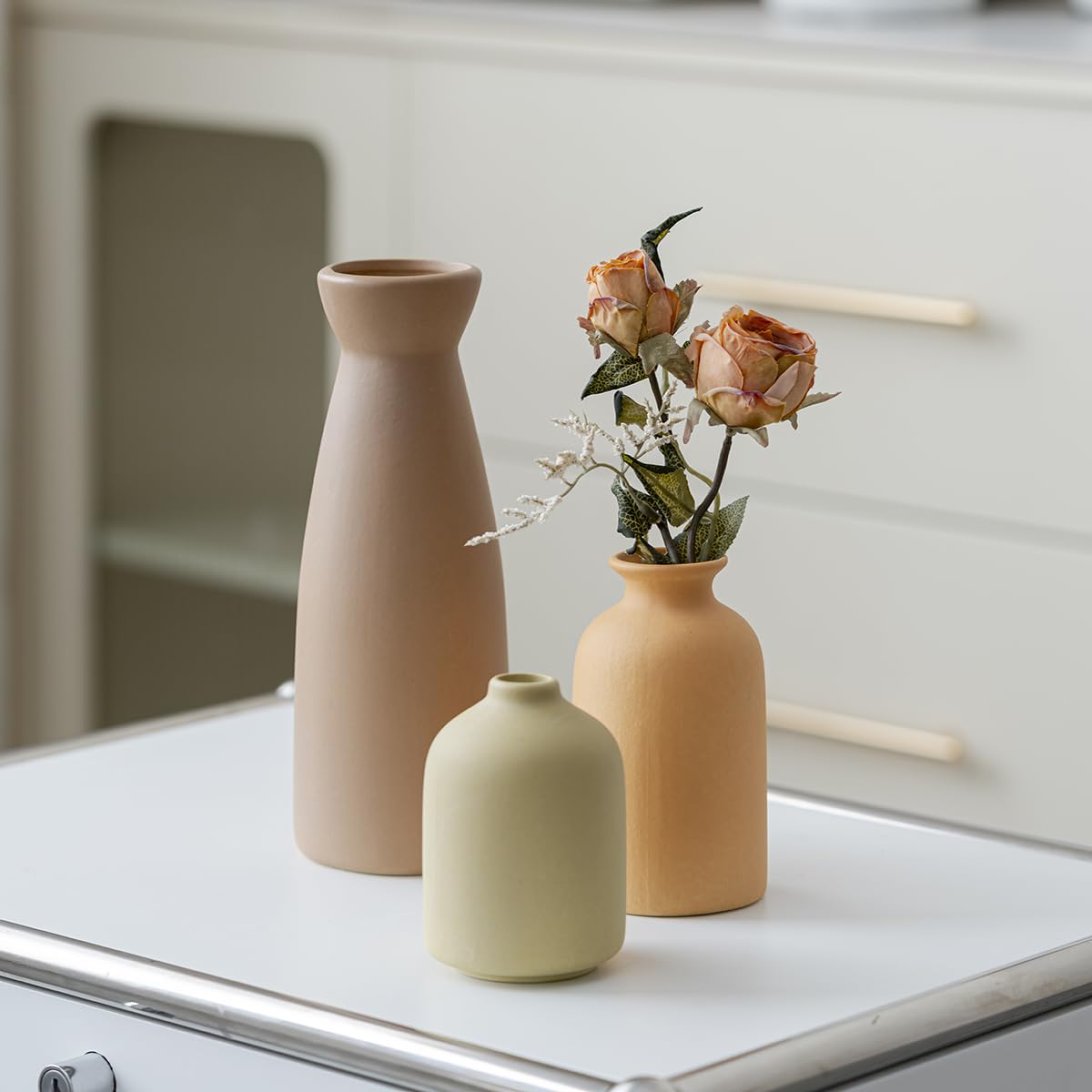 Distressed Ceramic Vase Set of 3, Modern Bohemian Farmhouse Home Decor, Pampas Grass Dried Flowers Vases for Living Room, Dining Room, Bedroom, Kitchen, Bathroom, Office, Entryway (White)