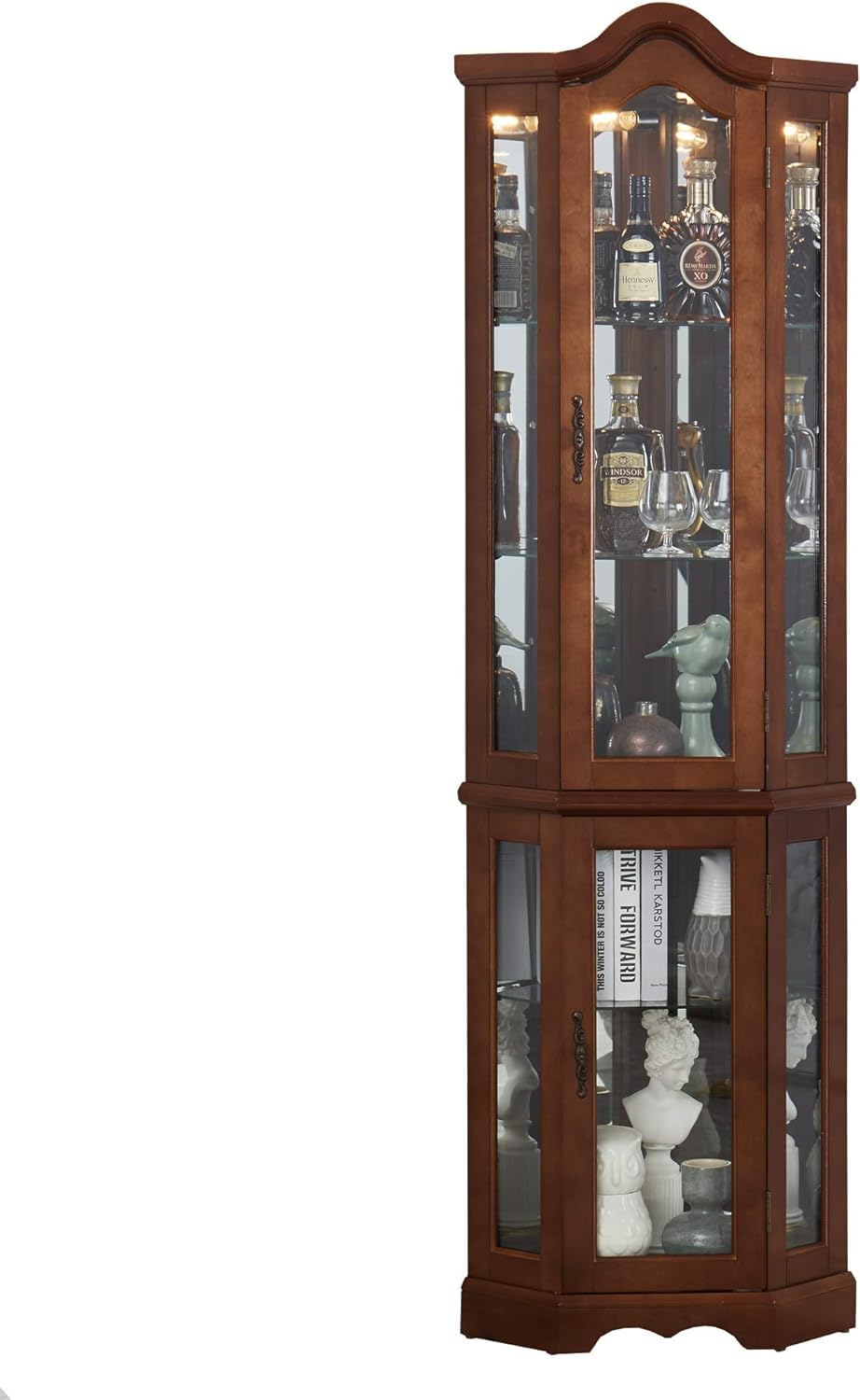 LKTART Corner Storage Cabinet,Glass Display Cabinet with Lights,Corner Curio Cabinet with Tempered Glass Doors and Shelves(70.5" T x15.4 D x 21.7" W Walnut)