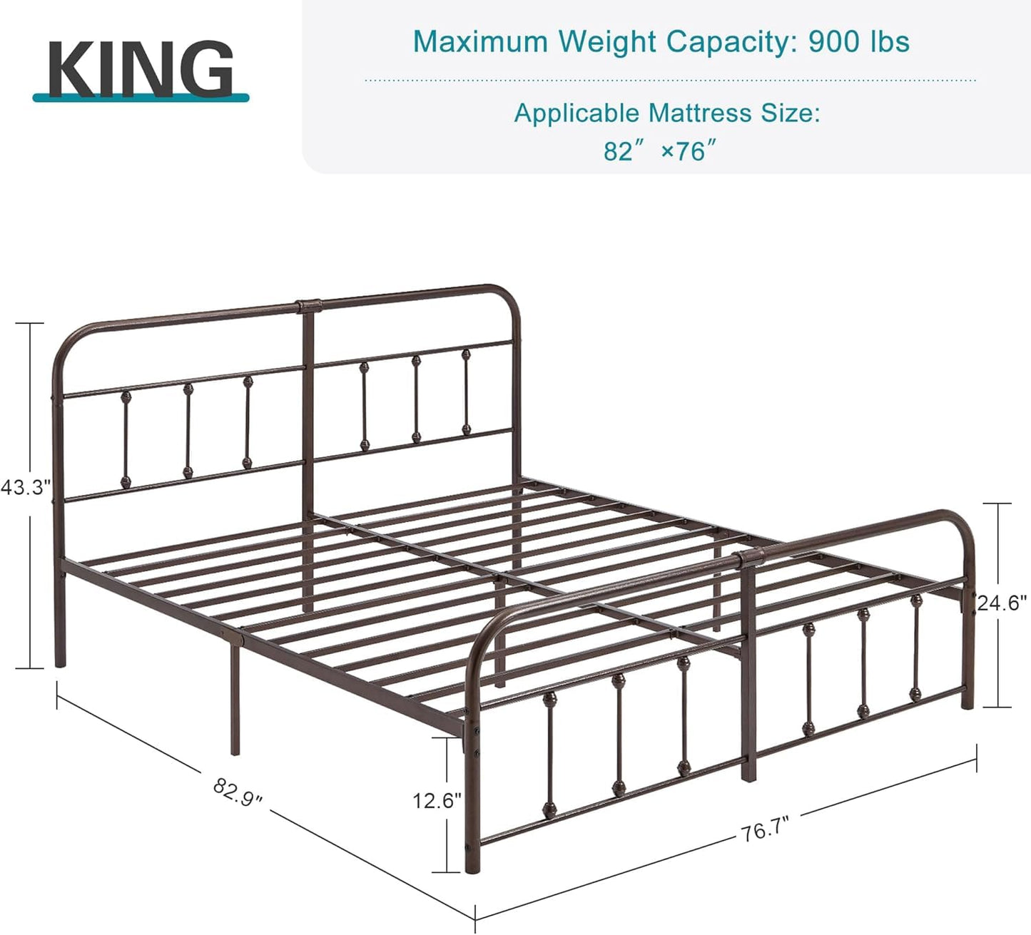 VECELO King Size Victorian Style Metal Bed Frame with Headboard/Mattress Foundation/No Box Spring Needed/Under Bed Storage and Strong Slat Support Purple Bronze