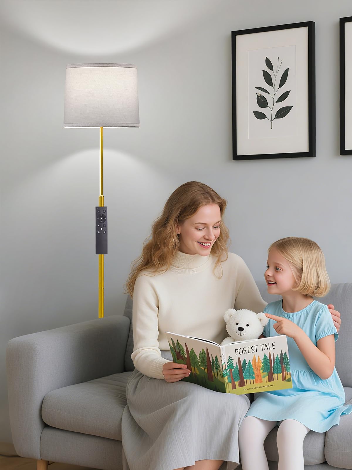 60" Modern Floor Lamp for Living Room Bedroom, Standing Lamp with Oatmeal Linen Lampshade, Tall Lamp with A19 9W 3 Color Temperature Bulb, Foot Switch Control, Black