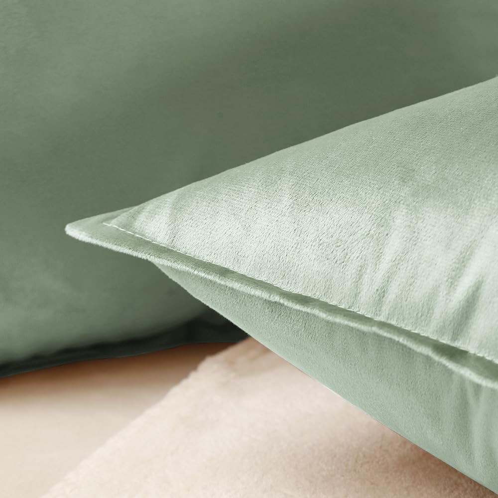 VAKADO Throw Pillow Covers 18x18 Set of 2 Olive Green Velvet Decor Decorative Couch Cushion Euro Xmas Pillowcases with Fringe Home Bed Decoration for Sofa Bedroom Office