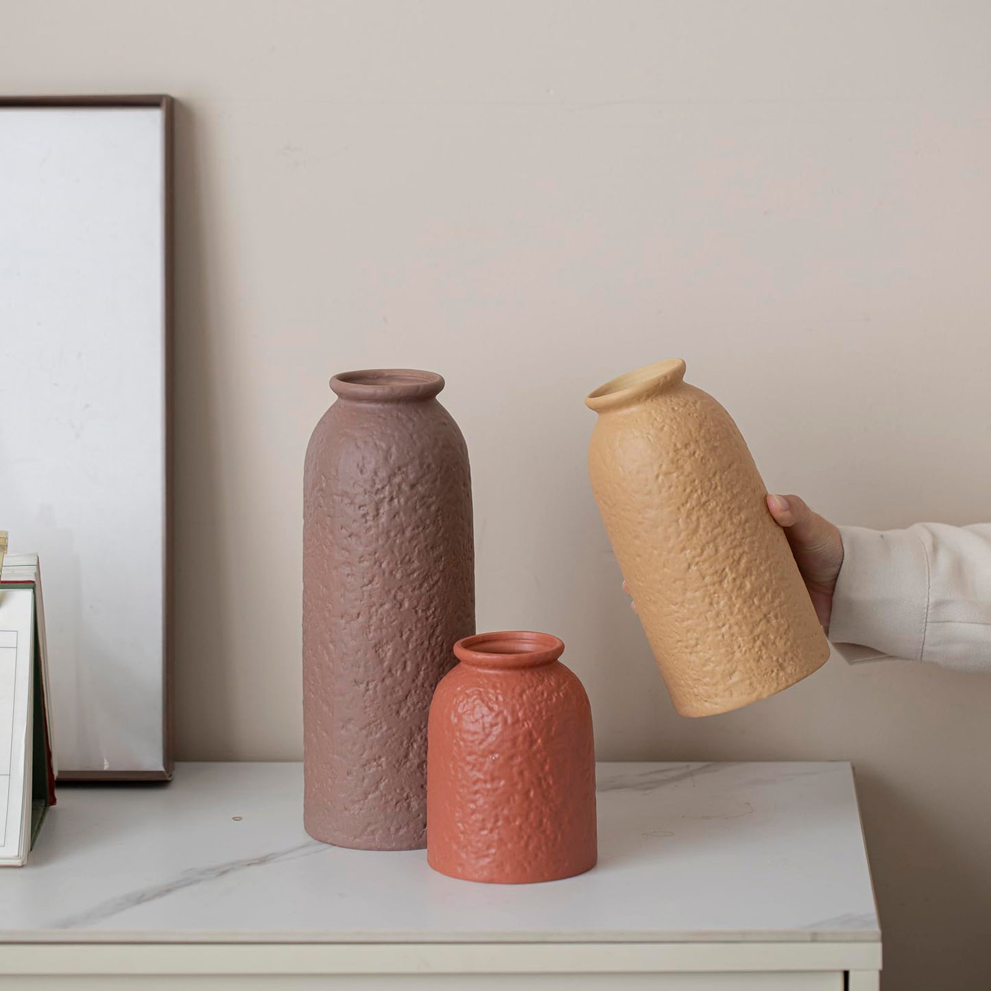 10.4 inches Tall Decorative Ceramic Vase Set, 3 Pieces, Nordic Modern Boho Style, White, Modern Farmhouse for Home Decor (Coffee Mix)