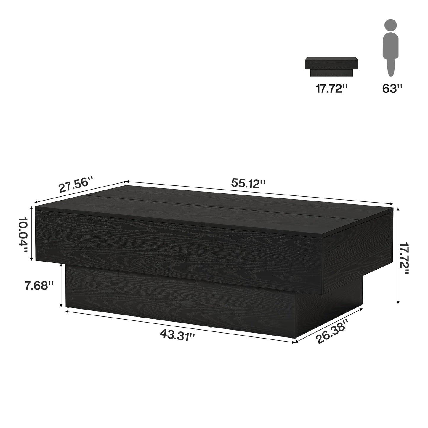 Tribesigns Modern Black Coffee Table, 55-Inch Rectangle Wooden Tea Table, Large Center Table for Living Room, Reception Room