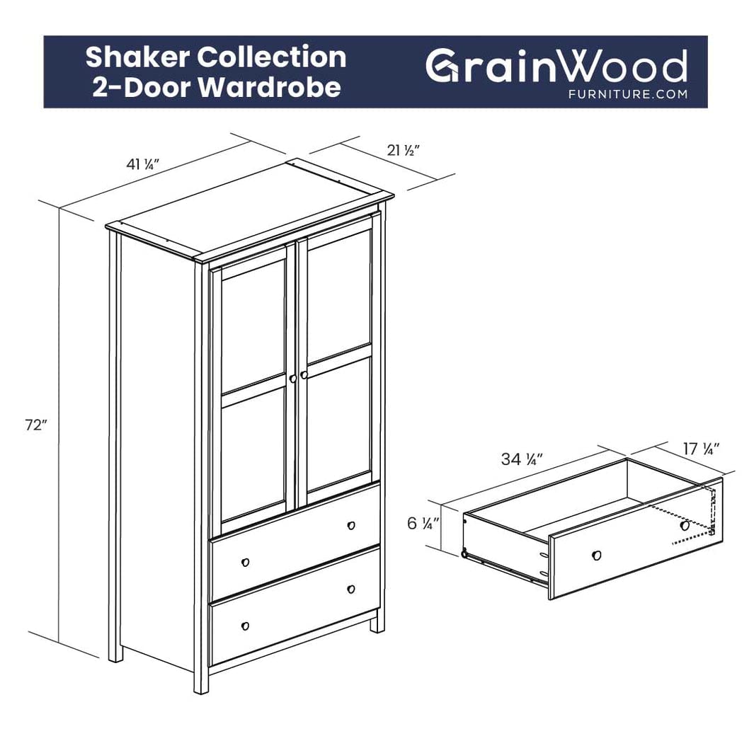Grain Wood Furniture Shaker 2-Door Wardrobe, Solid Wood with Walnut Finish