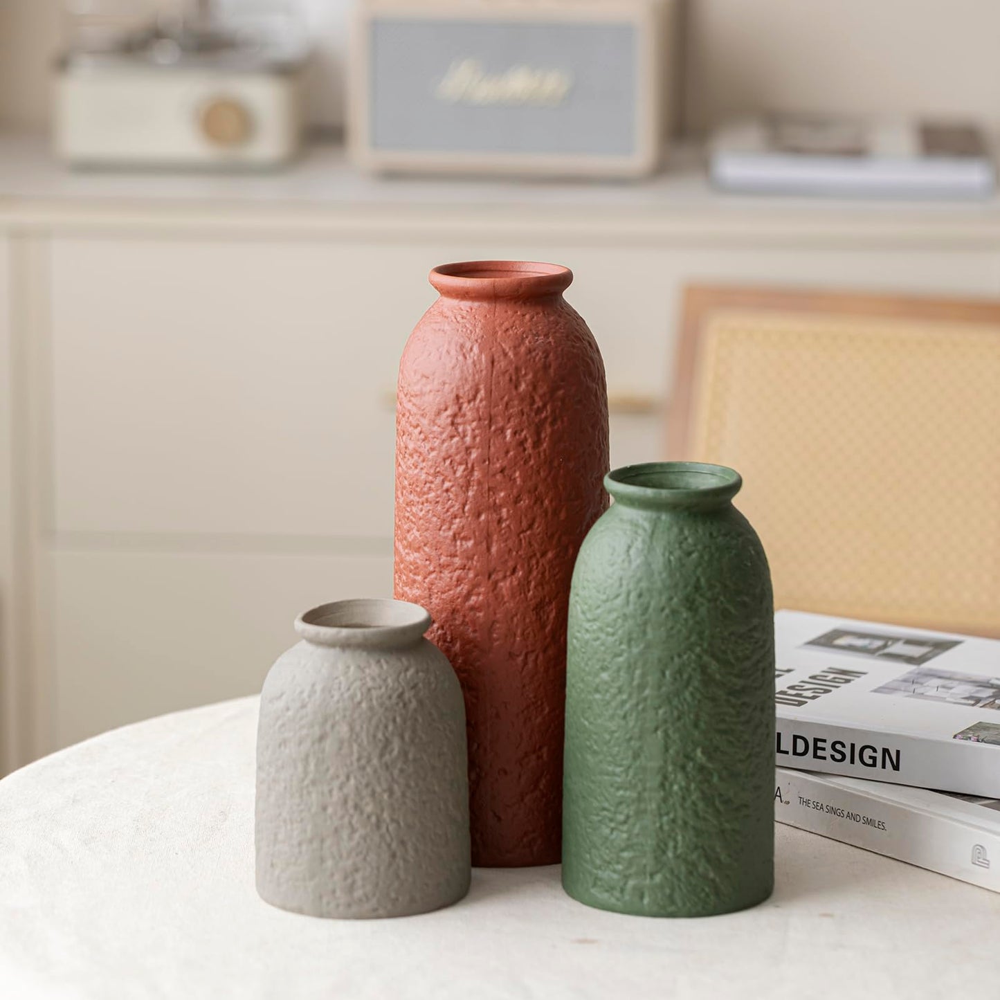 10.4 inches Tall Decorative Ceramic Vase Set, 3 Pieces, Nordic Modern Boho Style, White, Modern Farmhouse for Home Decor (Coffee Mix)