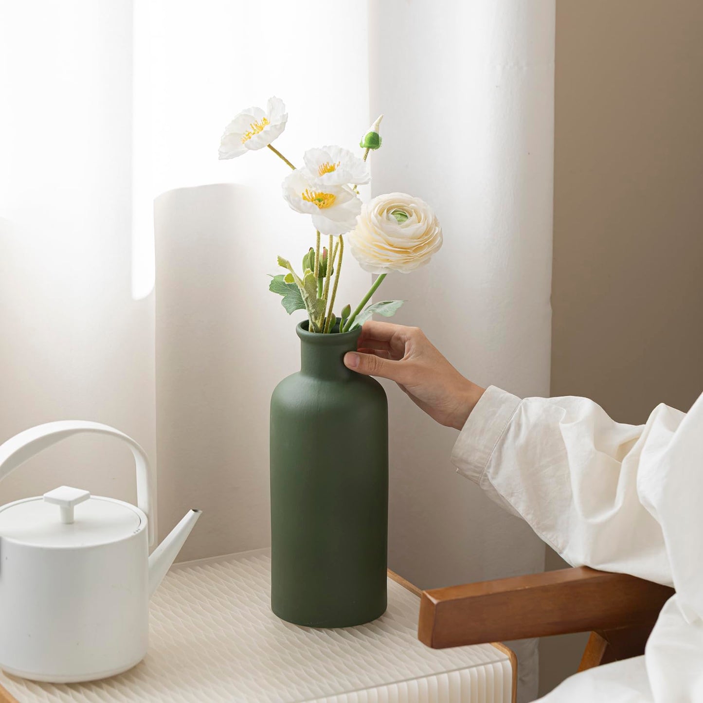 White Ribbed Ceramic Vase for Flowers, Modern Textured Decorative Vase, 10 Inch Tall, Farmhouse Style Home Decor (Matte Glaze White)