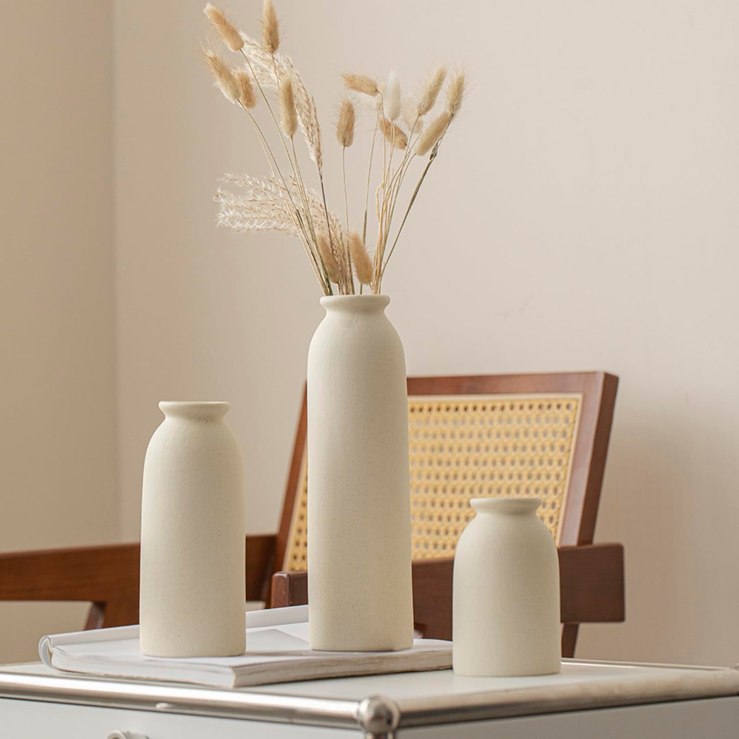 10.4 inches Tall Decorative Ceramic Vase Set, 3 Pieces, Nordic Modern Boho Style, White, Modern Farmhouse for Home Decor (Coffee Mix)