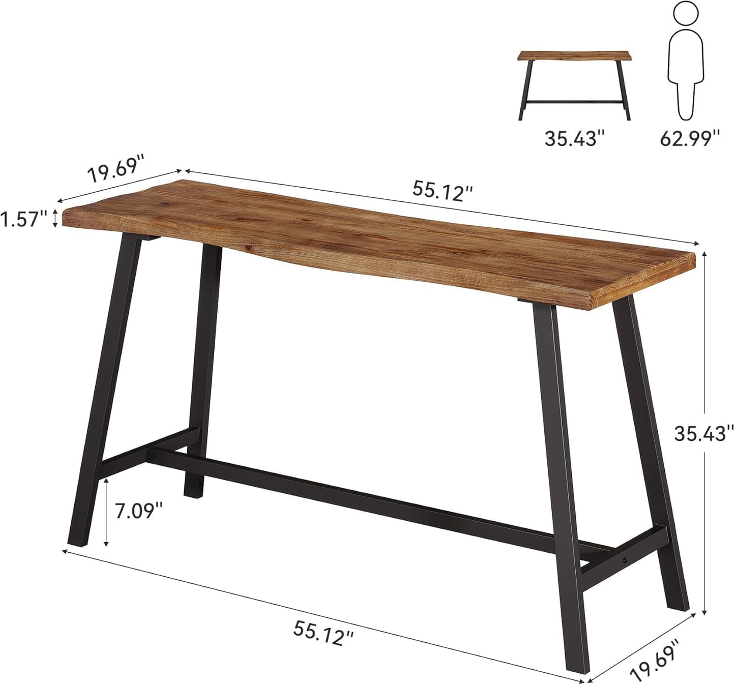 Solid Wood Bar Table, 55-Inch Counter Height Pub Table with Sturdy Metal Frame, Industrial Narrow Bar Table for Pub Kitchen Living Room, Rustic Brown