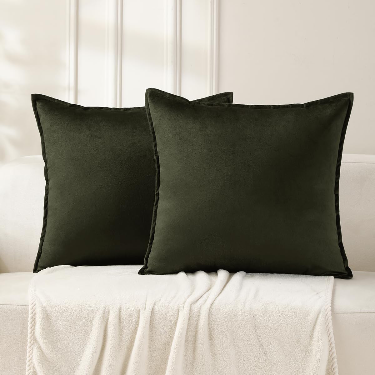 VAKADO Throw Pillow Covers 18x18 Set of 2 Olive Green Velvet Decor Decorative Couch Cushion Euro Xmas Pillowcases with Fringe Home Bed Decoration for Sofa Bedroom Office