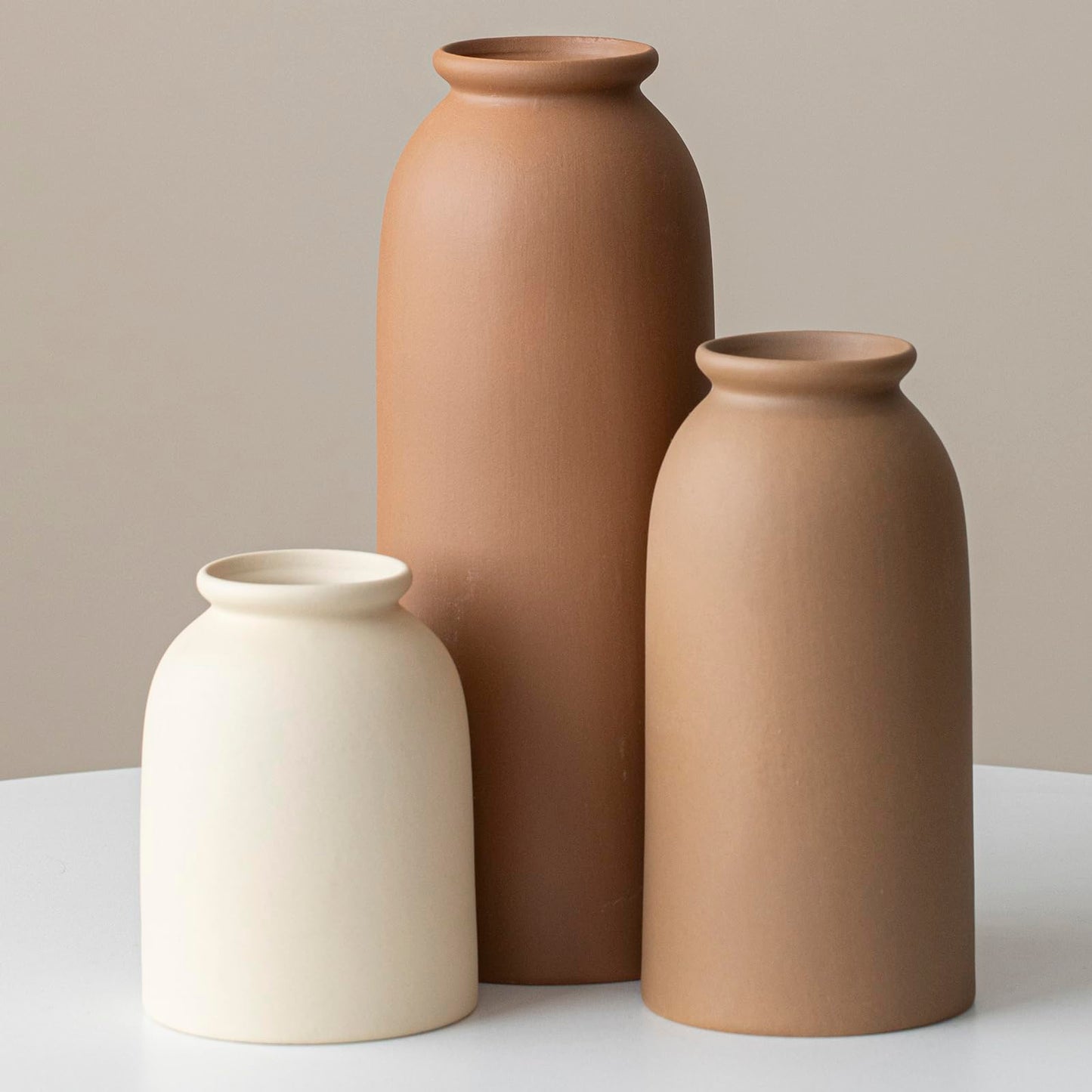 10.4 inches Tall Decorative Ceramic Vase Set, 3 Pieces, Nordic Modern Boho Style, White, Modern Farmhouse for Home Decor (Coffee Mix)