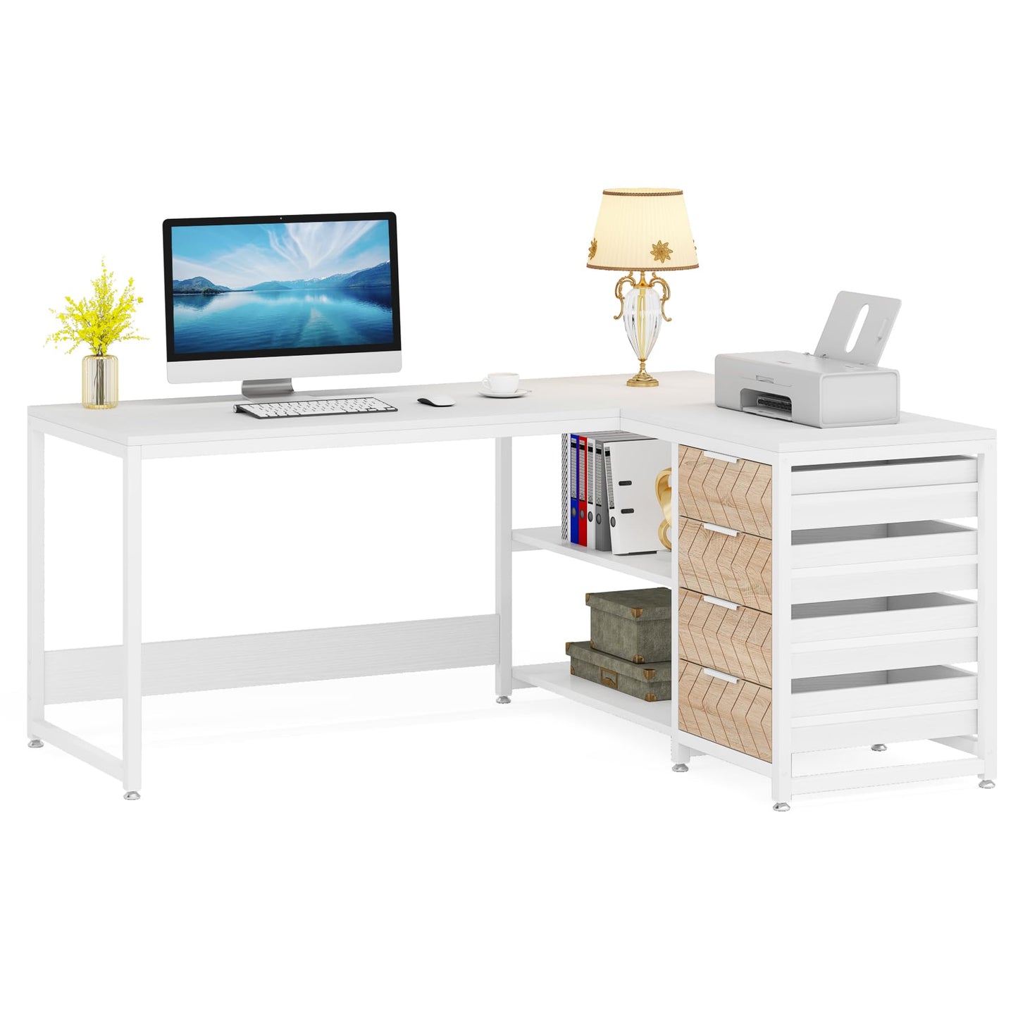 Tribesigns L Shaped Computer Desk with Storage Drawers, 59 inch Corner Desk with Shelves, Reversible L-Shaped Office Desk Study Writing Table Workstation for Home Office, Walnut & White