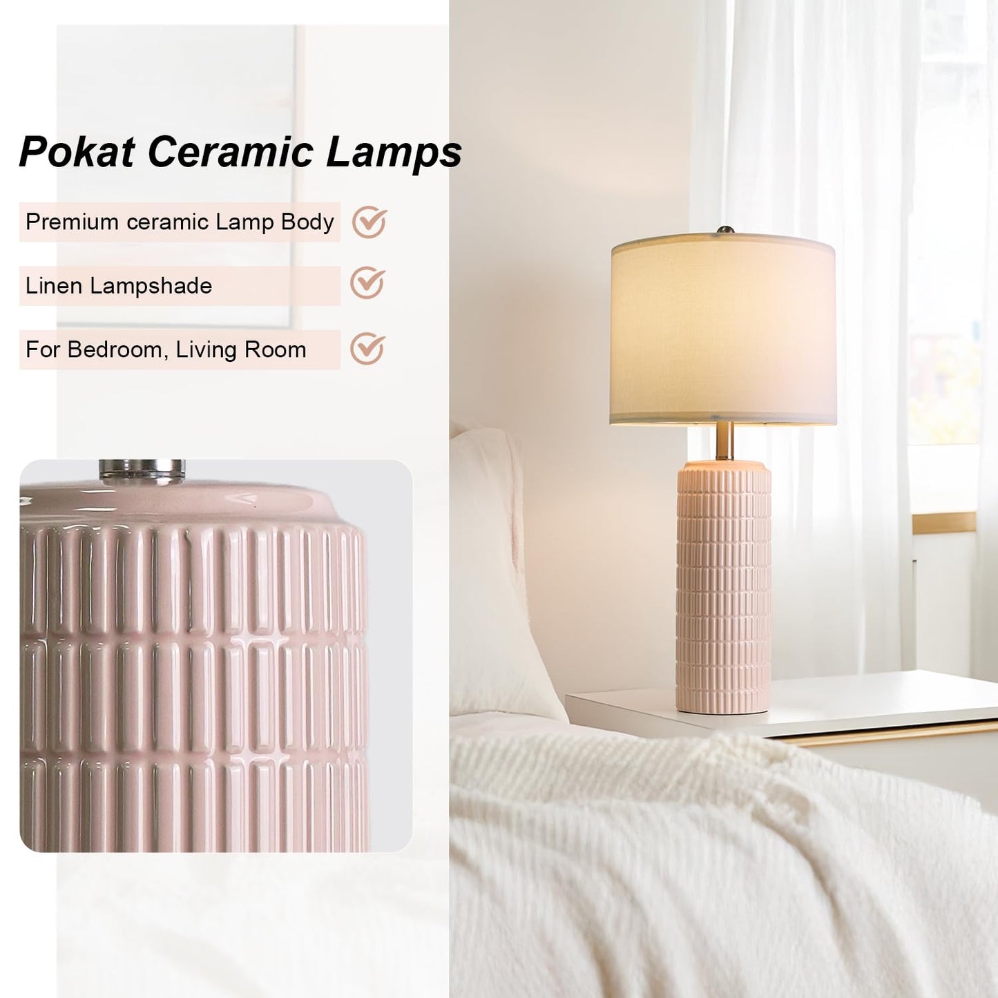 PoKat 23" Modern Ceramic Table Lamp Set of 2 for Living Room White Desk Lamps for Bedroom Farmhouse Bedside Nightstand Lamp House Warming Gifts New Home Decor End Table Lamps Gifts for Women Mom Beige