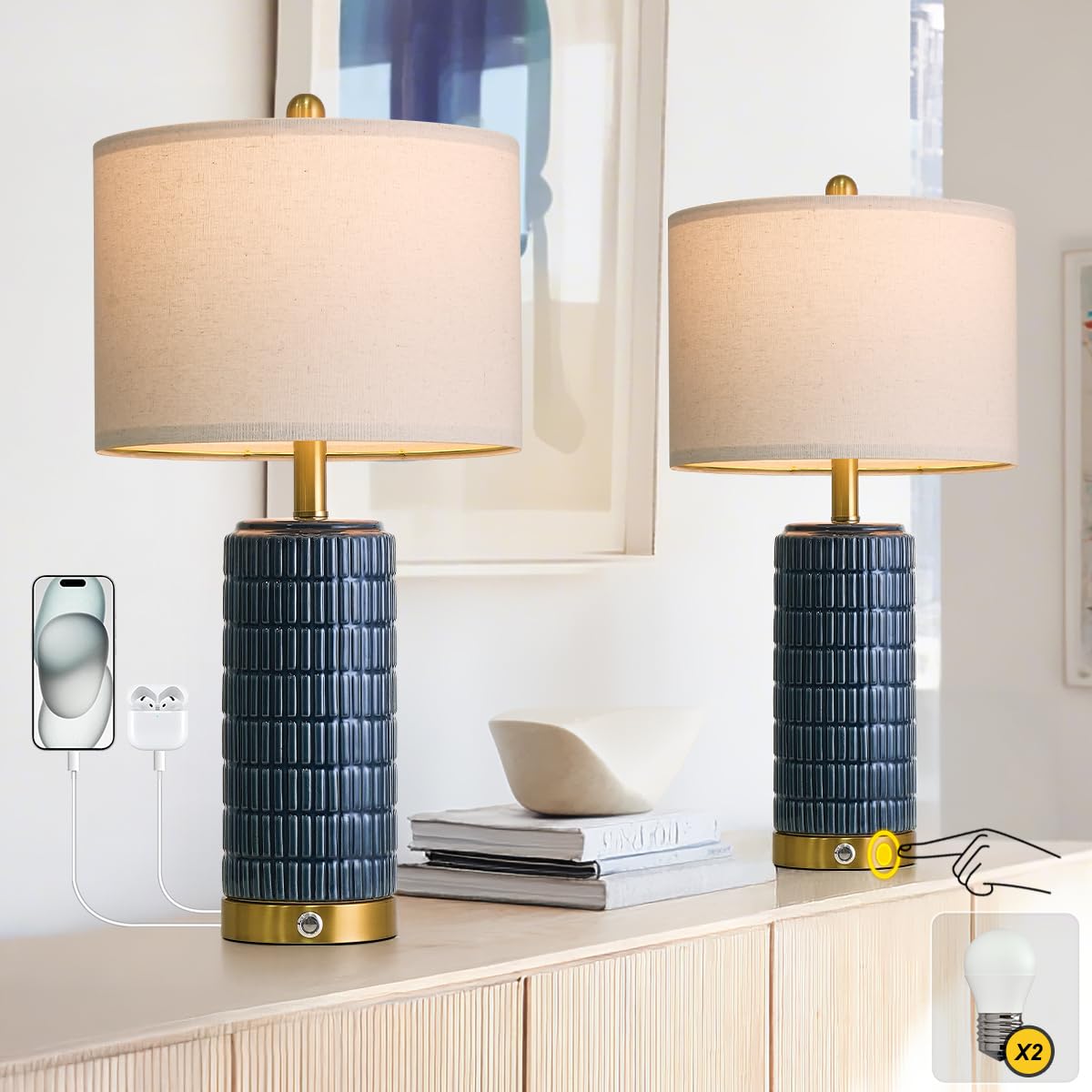 PoKat Touch Bedside Table Lamps with USB Ports for Bedroom Living Room, 25'' Dimmable Nightstand Touch Lamps for Living Room, Modern Ceramic Lamps for Night Stands Bedroom, Office, White and Beige