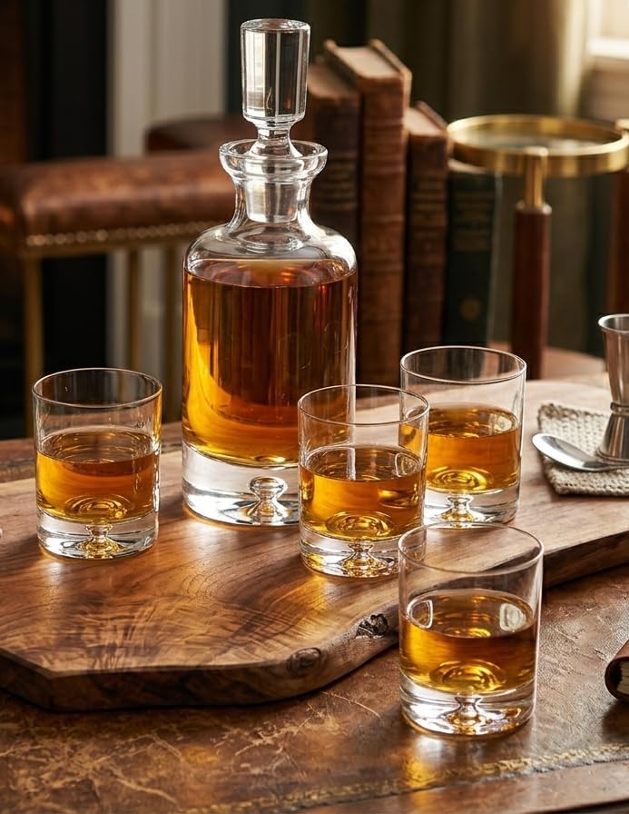 Whiskey Decanter Set, Made in Europe, 100% Lead-Free Crystal, Gift-Boxed, 1 Decanter & 4 Double Old Fashioned Glasses (Kensington Decanter Set)
