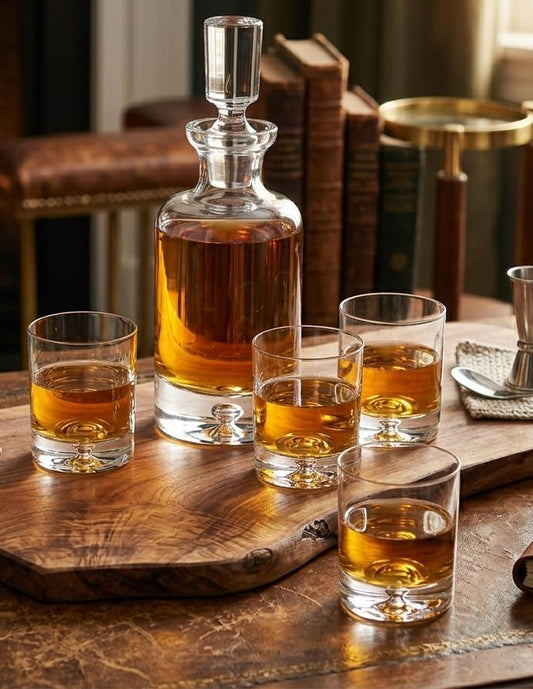 Whiskey Decanter Set, Made in Europe, 100% Lead-Free Crystal, Gift-Boxed, 1 Decanter & 4 Double Old Fashioned Glasses (Kensington Decanter Set)