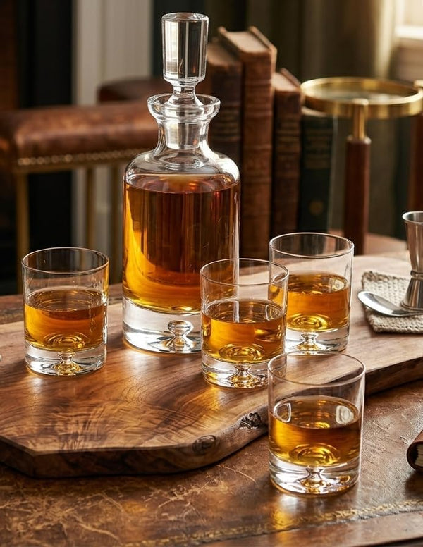 Whiskey Decanter Set, Made in Europe, 100% Lead-Free Crystal, Gift-Boxed, 1 Decanter & 4 Double Old Fashioned Glasses (Kensington Decanter Set)