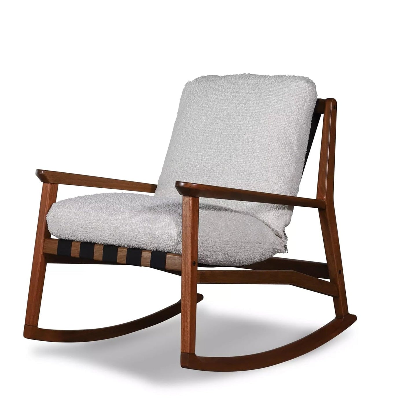 Grain Wood Furniture Solid Wood Mid Century Rocking Chair with Off-White Performance Boucle Cushions