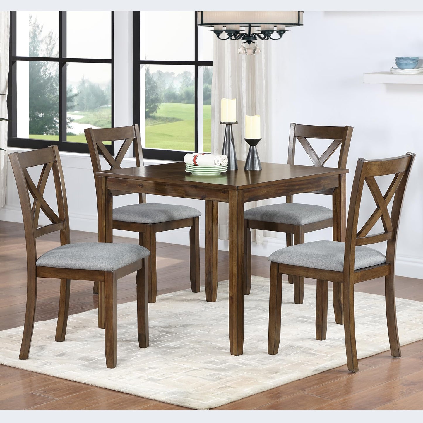 LKTART 5-Piece Kitchen & Dining Room Table and Chairs Sets,Small Square Kitchen Table with 4 Upholstered XX-Shaped Backrest Chairs,Walnut