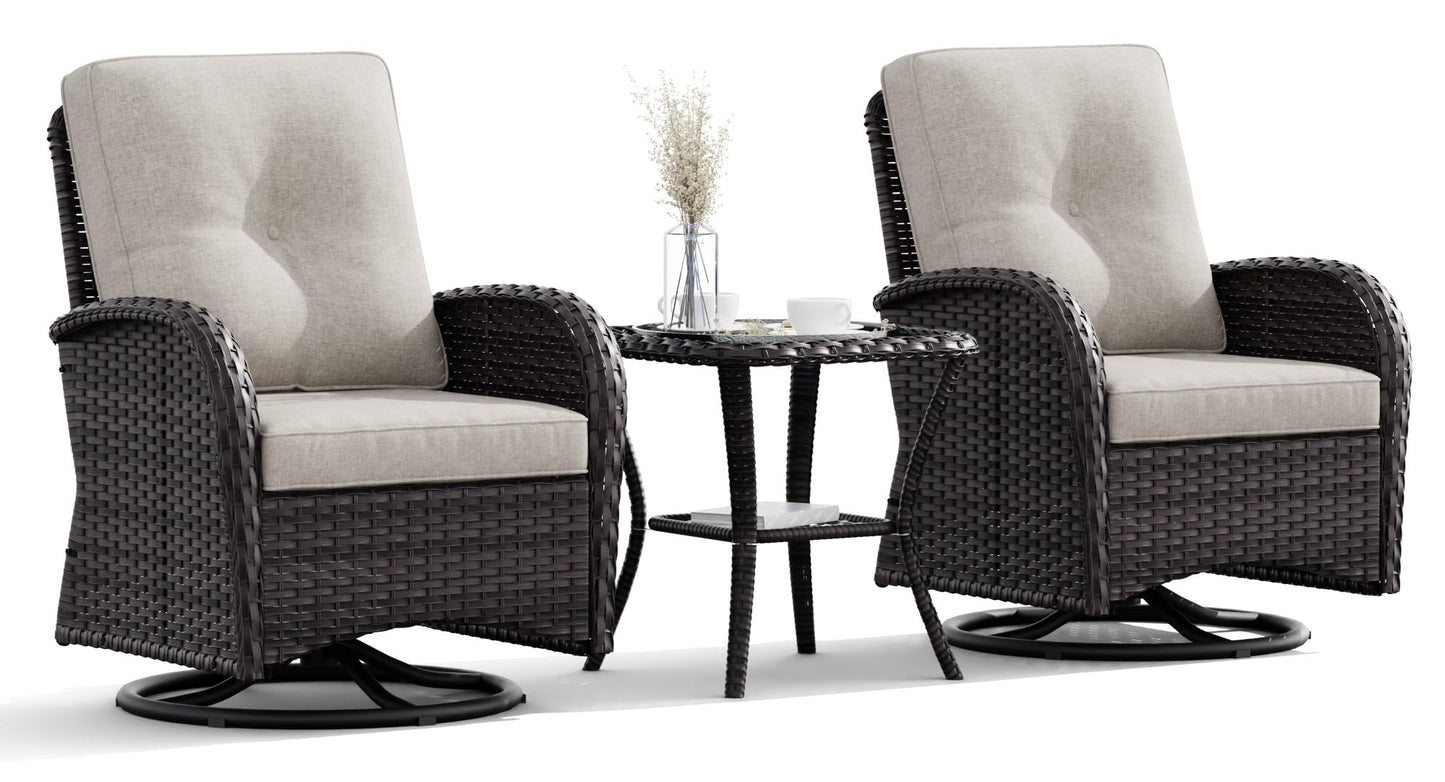 Joyside Patio Swivel Rocker Wicker Chairs - Outdoor Swivel Rocking Chairs Set of 2 with Wicker Side Table, Patio Swivel Rocker Chair 3 Piece Patio Furniture Sets for Porch Deck(Brown/Blue)