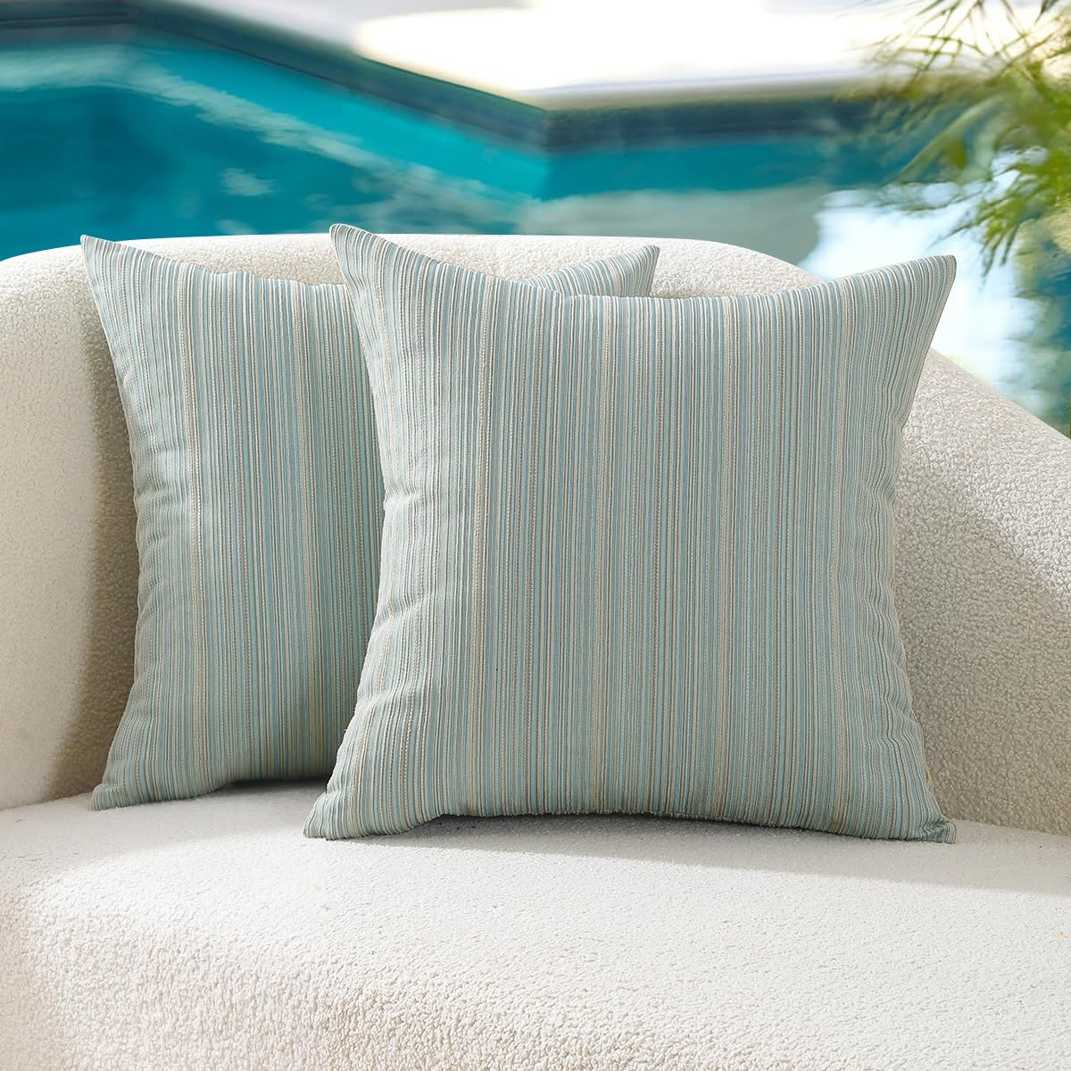VAKADO Outdoor Waterproof Throw Pillow Covers 18x18 Set of 2 Decorative Outside Patio Furniture Cushion Cases Decor for Garden Bench Porch Couch Tent Chair Stripe Blue