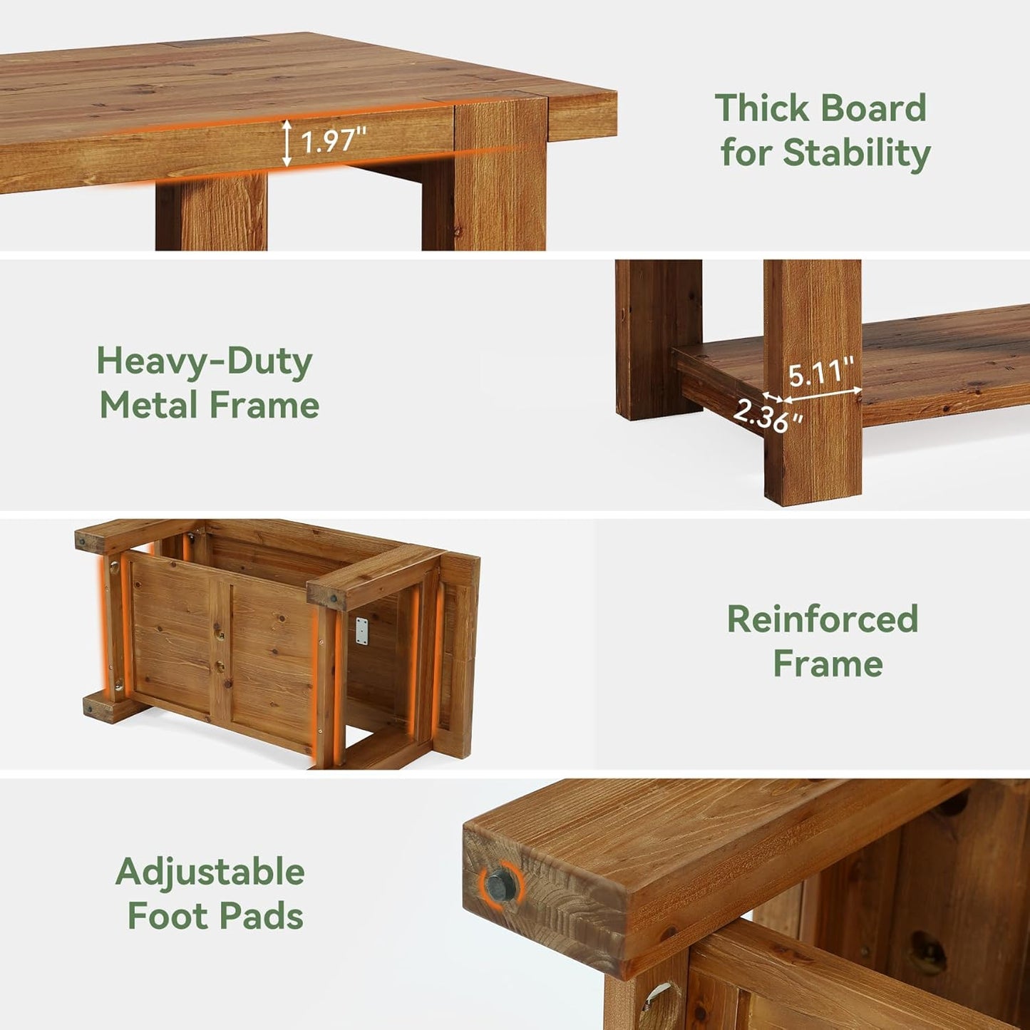 Solid Wood Coffee Table with 2-Tier Storage Shelf, 47.2" Farmhouse Rectangle Center Table Furniture for Living Room, Apartment, Office, Rustic Brown