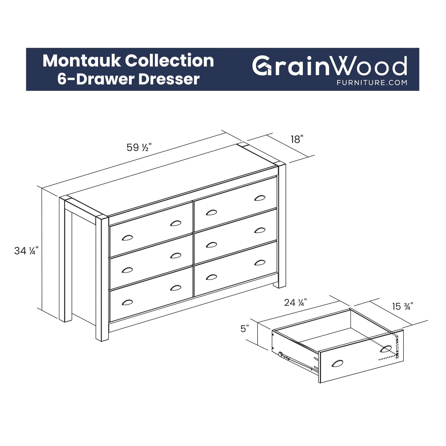 Grain Wood Furniture Montauk 6-Drawer Dresser, Solid Wood with a Farmhouse Black Finish