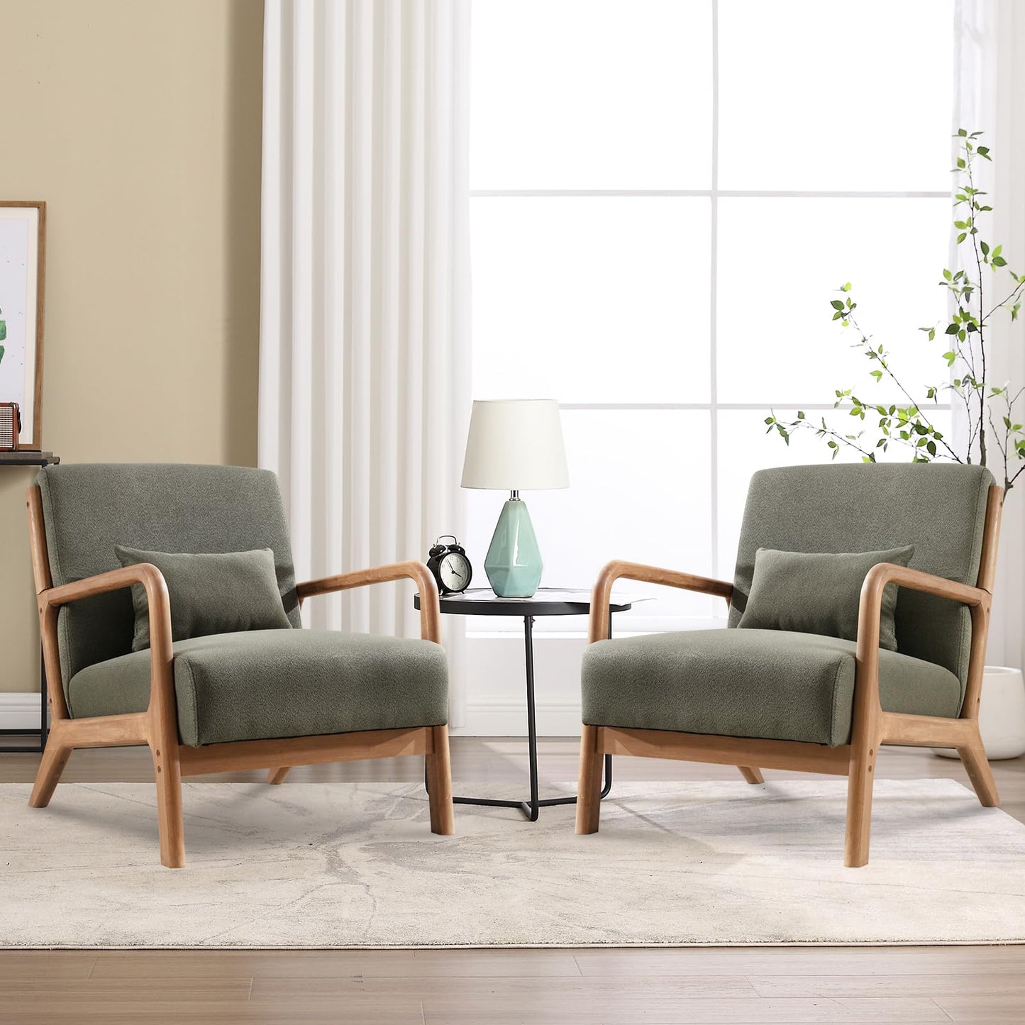 IOMOR Accent Chair Mid Century Modern Chair Linen Fabric Living Room Chairs with Solid Wood Frame Comfy Upholstered and Lumbar Pillow Reading Side Chair Easy Assembly for Bedroom Room (1, Linen Green)
