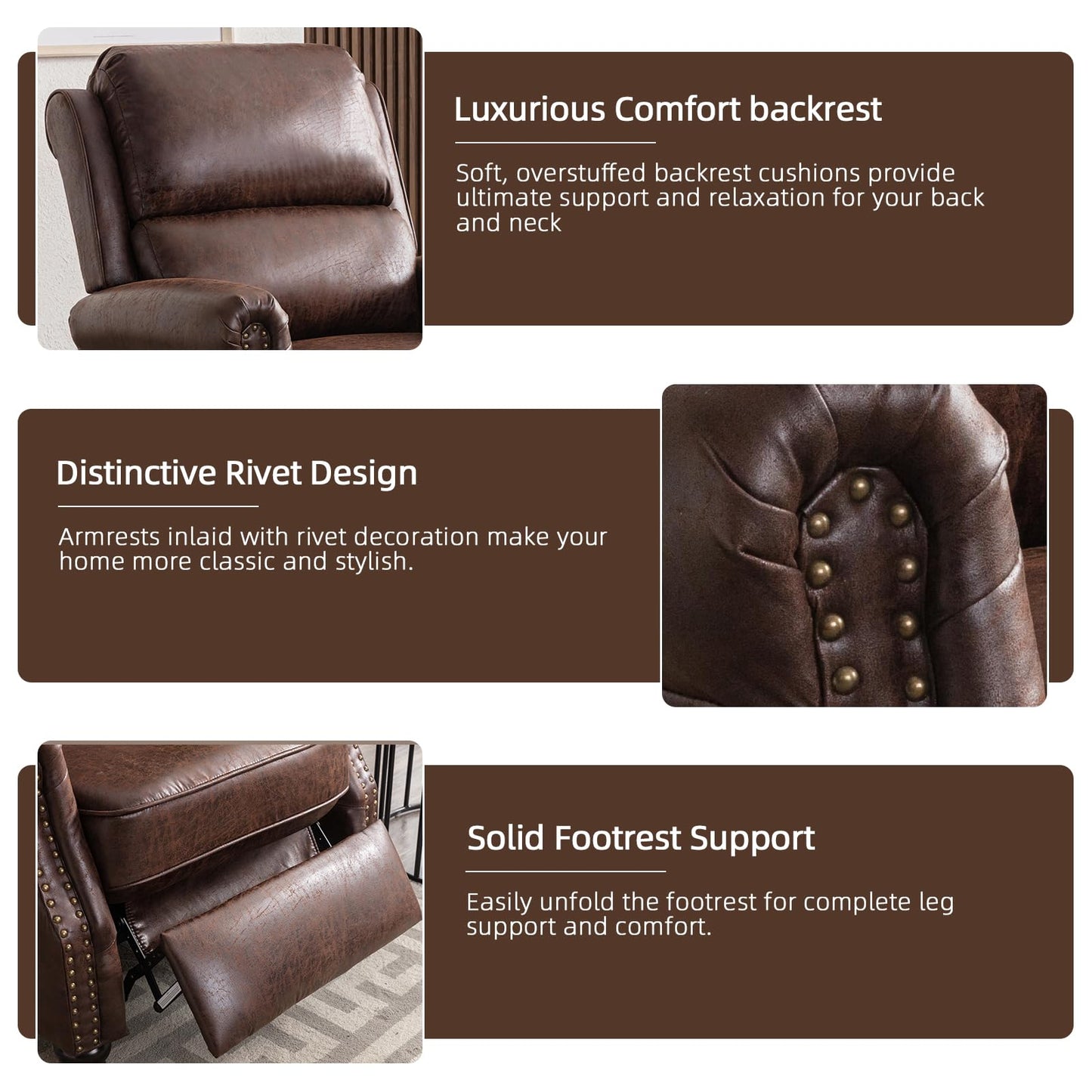 IOMOR Push Back Recliner Chair Faux Leather Lounge Armchair with Rivet Decoration Wingback Single Sofa Chair with Padded Seat Solid Wood Legs for Living Room, Comfy Upholstered, Red Brown