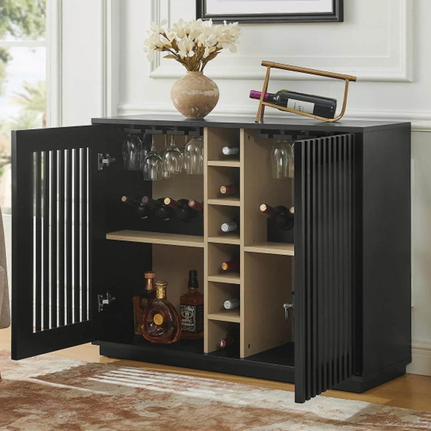 LKTART Wine Cabinet & Coffee Bar with Bottle Holders & Stemware Racks,Liquor Cabinet with Open Storage and Built-in Door Shelves,Bar Cabinet with Solid Wood Legs and Adjustable Shelf