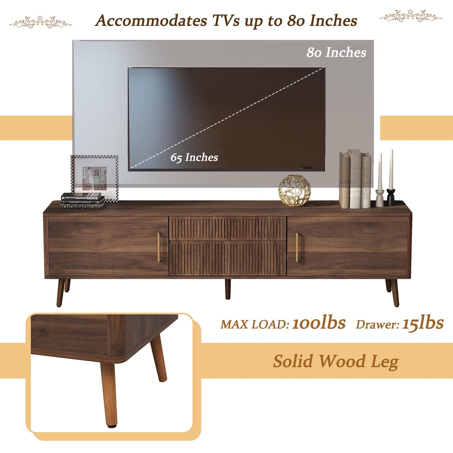 LKTART 67" Mid Century Modern TV Stand for 65/70/75/80" TVs,Entertainment Center with Sliding Doors and Drawers,Media Console for Living Room