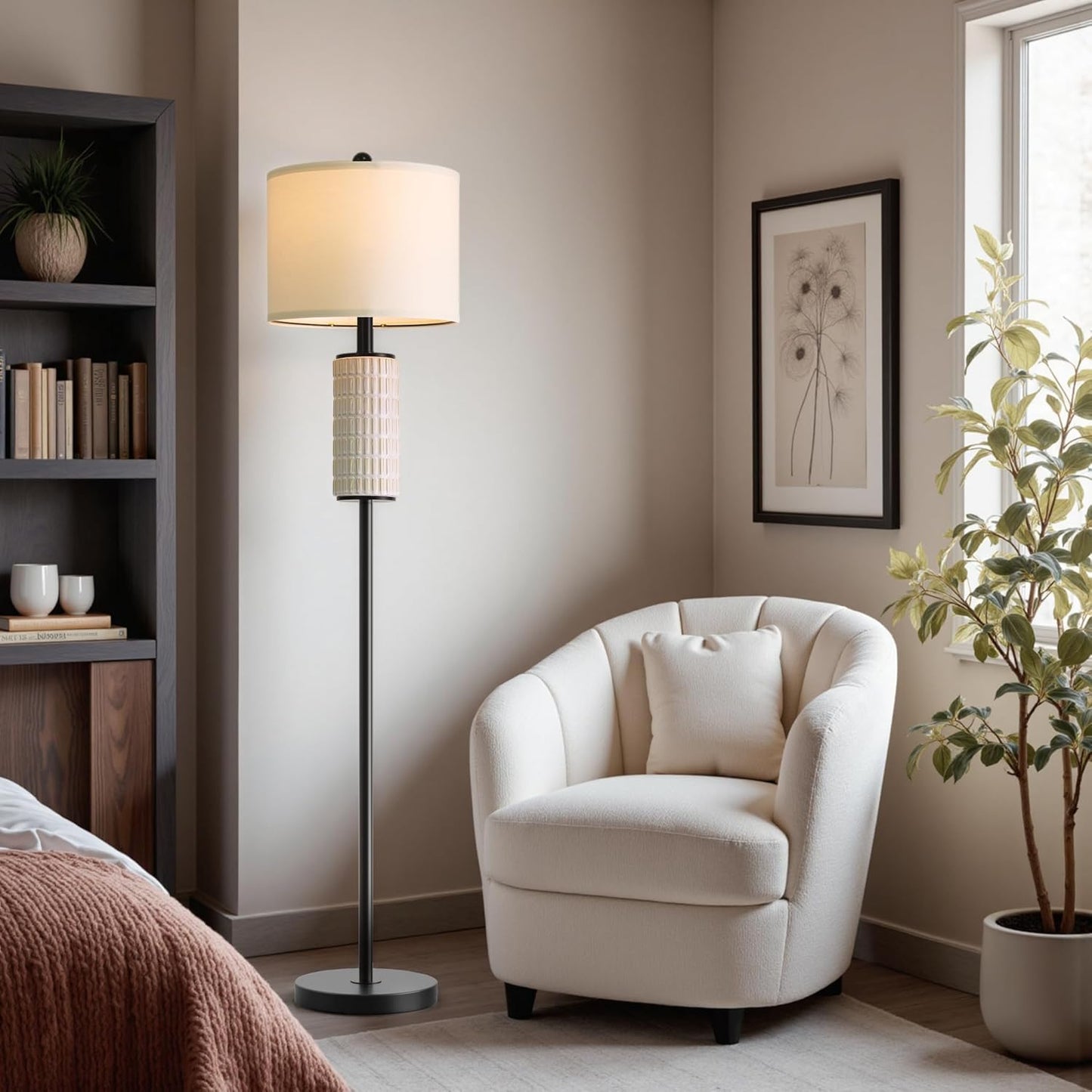 PoKat 64‘’ Ceramic Black Floor Lamp for Living Room Bedroom and 20‘’ Modern Ceramic Table Lamps Set of 2