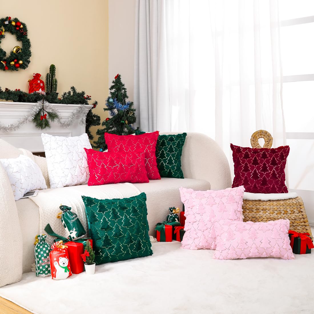 VAKADO Christmas Throw Pillow Covers 18x18 Set of 2 Embroidered Decorative Xmas Couch Cushion Cases Holiday Soft Home Decor for Bedroom Sofa Chair Porch Winter, Cream