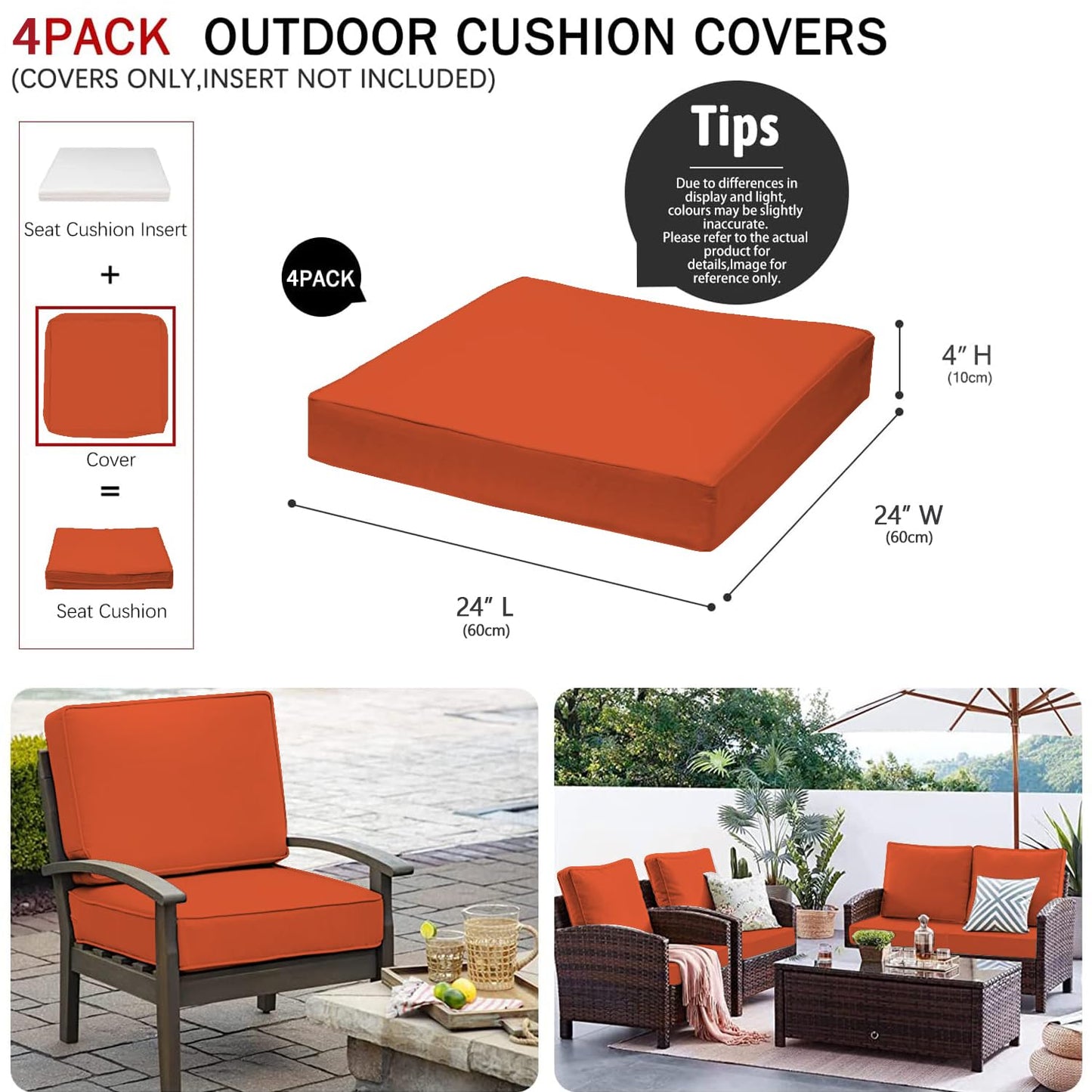 VAKADO Outdoor Patio Furniture Chair Cushion Replacement Covers Set of 4 Waterproof Decorative Cushion Cases Decor for Bench Garden Porch Couch Tent(Turquoise, 24"X24"X4")