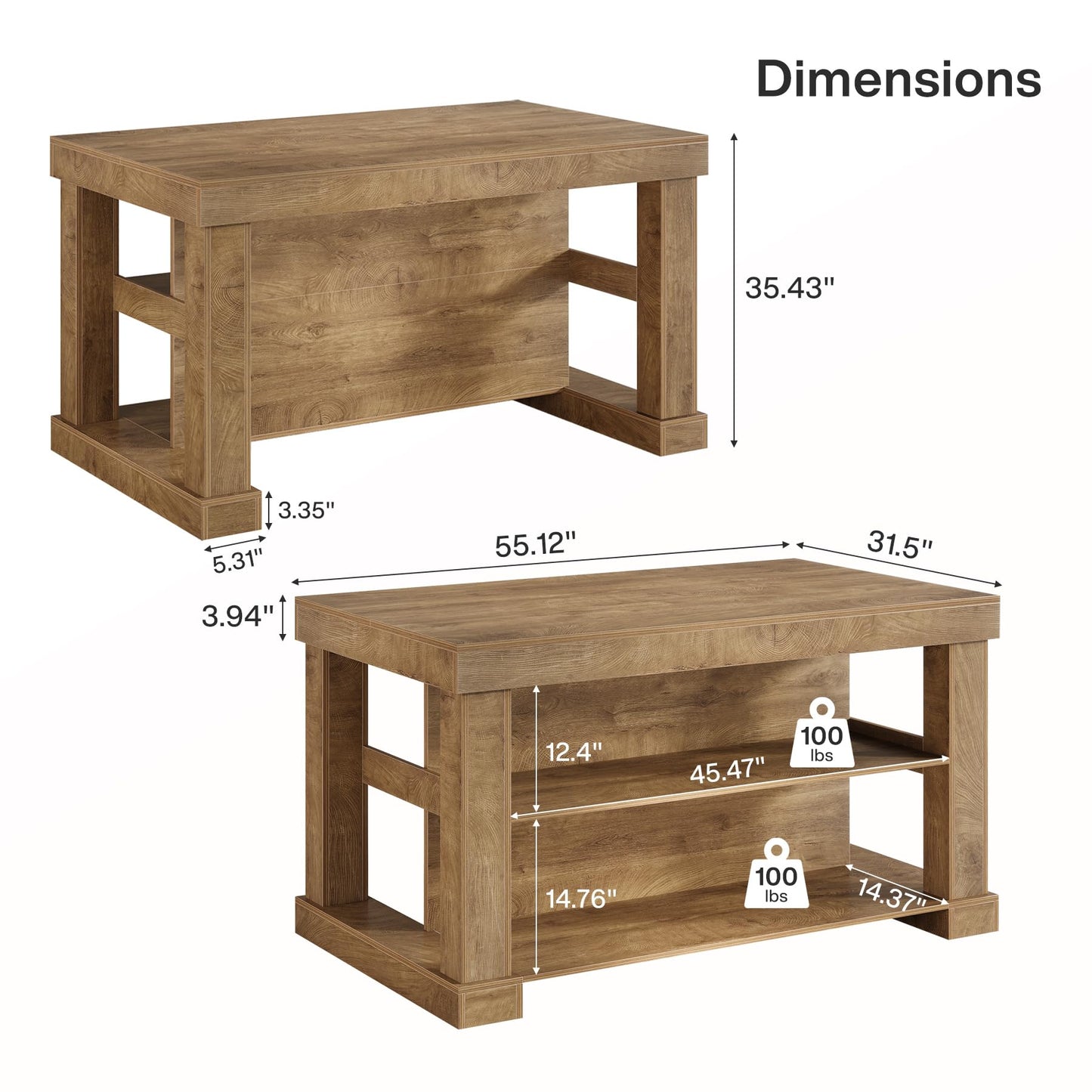 Tribesigns 55" Kitchen Island with Seating and Storage, 3-Tier Farmhouse Wood Stationary Island Table with Large Worktop & Leg Room, Coffee Bar Table with Storage Shelves for Kitchen, White and Brown