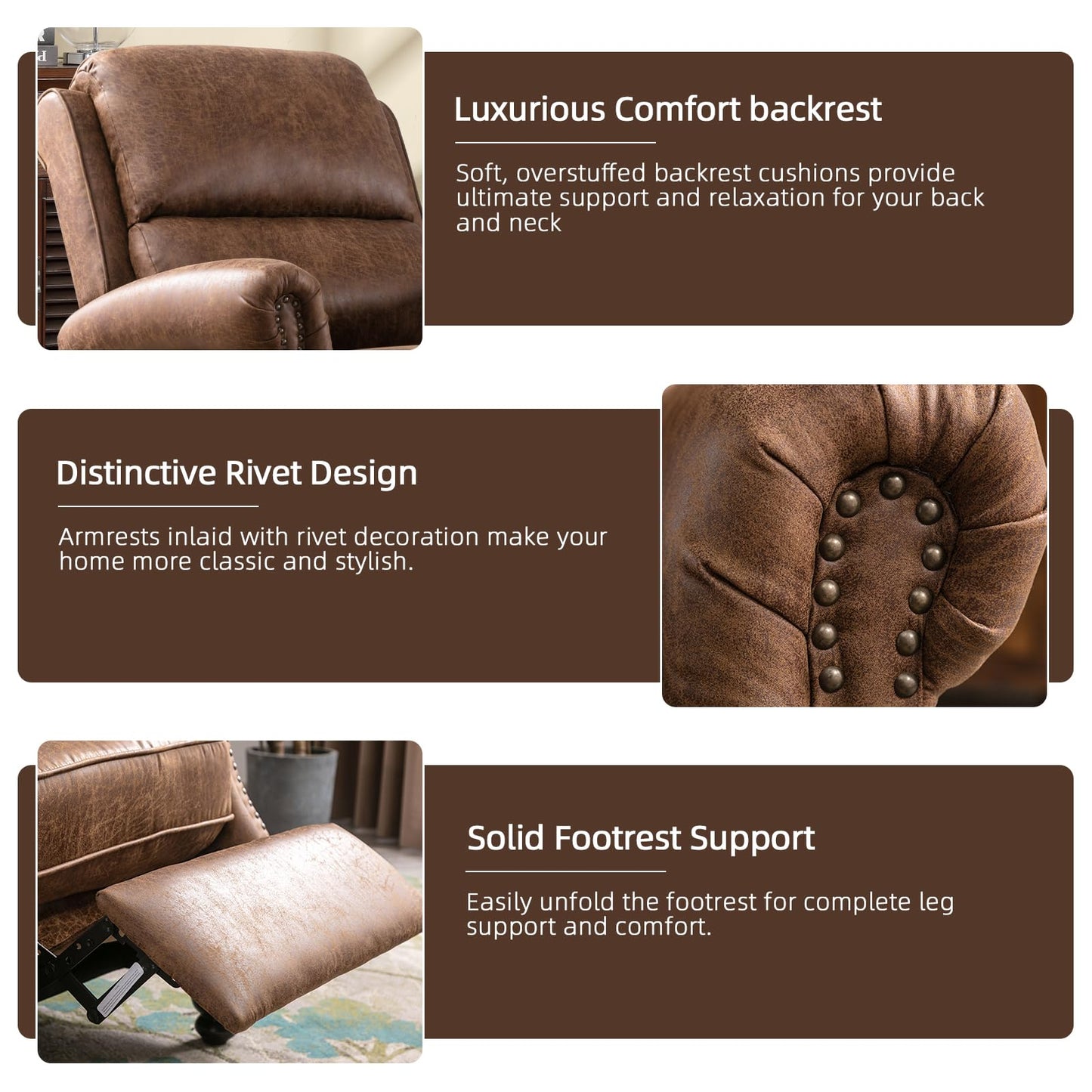 IOMOR Push Back Recliner Chair Faux Leather Lounge Armchair with Rivet Decoration Wingback Single Sofa Chair with Padded Seat Solid Wood Legs for Living Room, Comfy Upholstered, Red Brown
