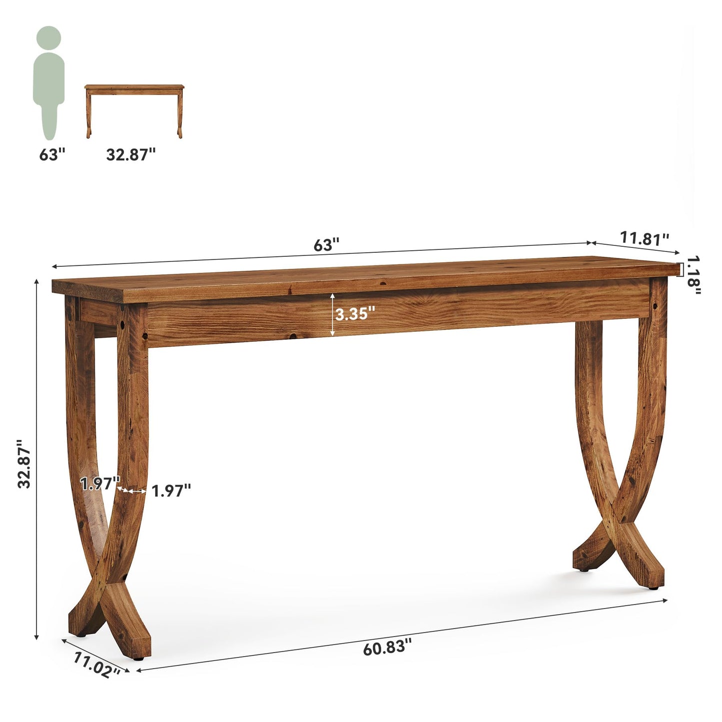 Solid Wood Console Table for Entryway, 63-Inch Narrow Long Sofa Table, Farmhouse Hallway Table for Living Room, Entrance, Foyer (Brown)