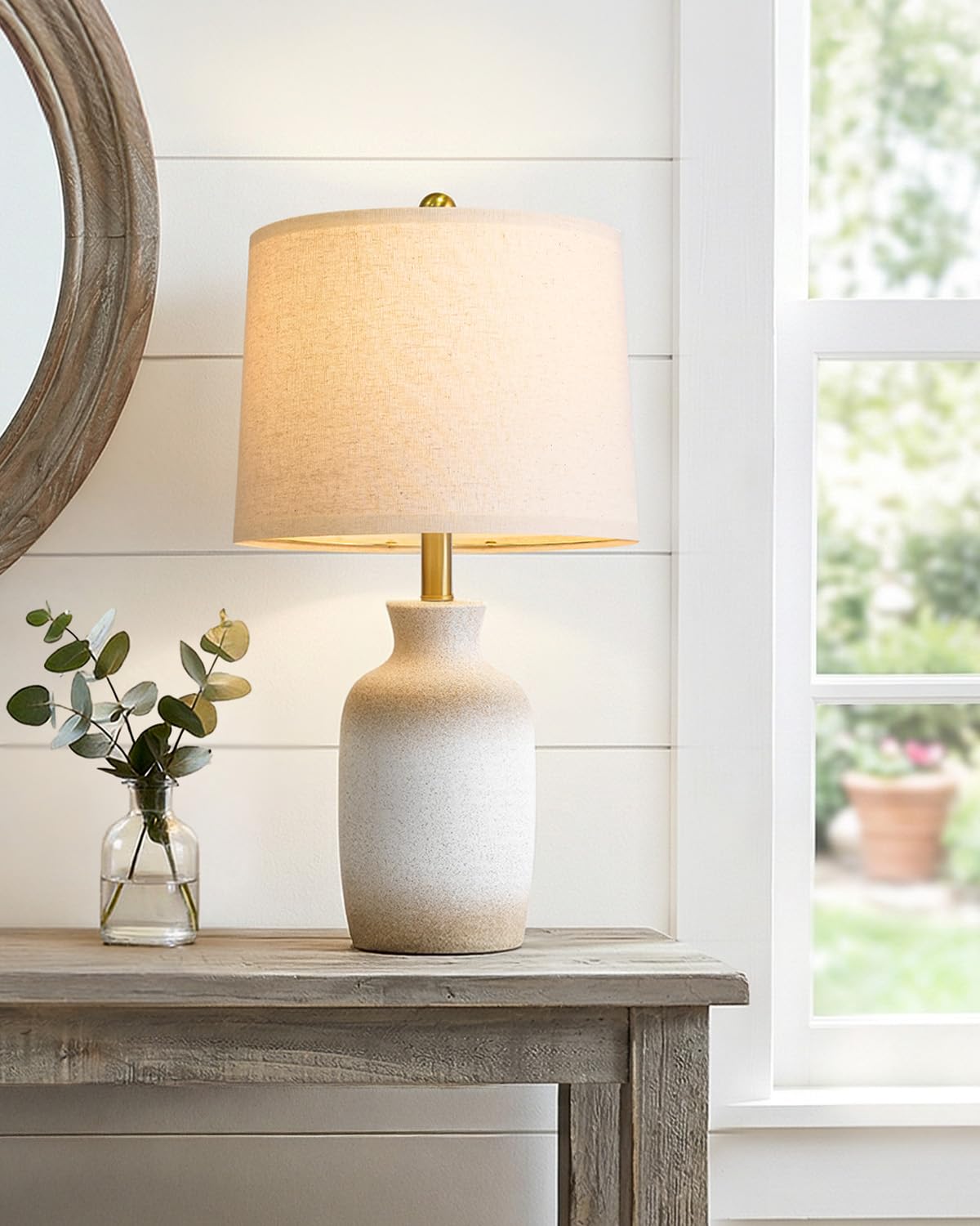 PoKat 24'' Farmhouse Ceramic Table Lamp for Living Room with Natural Textured Finish, Rustic Bedside Lamps for Bedroom, Organic Nightstand Lamps Dresser End Side Table Home Gift (White and Antique)