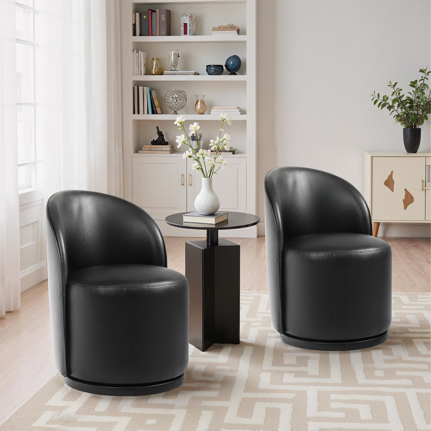 Swivel Barrel Dining Chairs Set of 2, Faux Leather Upholstered Round Dining Chairs, 360° Swivel Vanity Chair Comfy Armless Accent Makeup Chair for Dining/Living Room Makeup Room, Brown