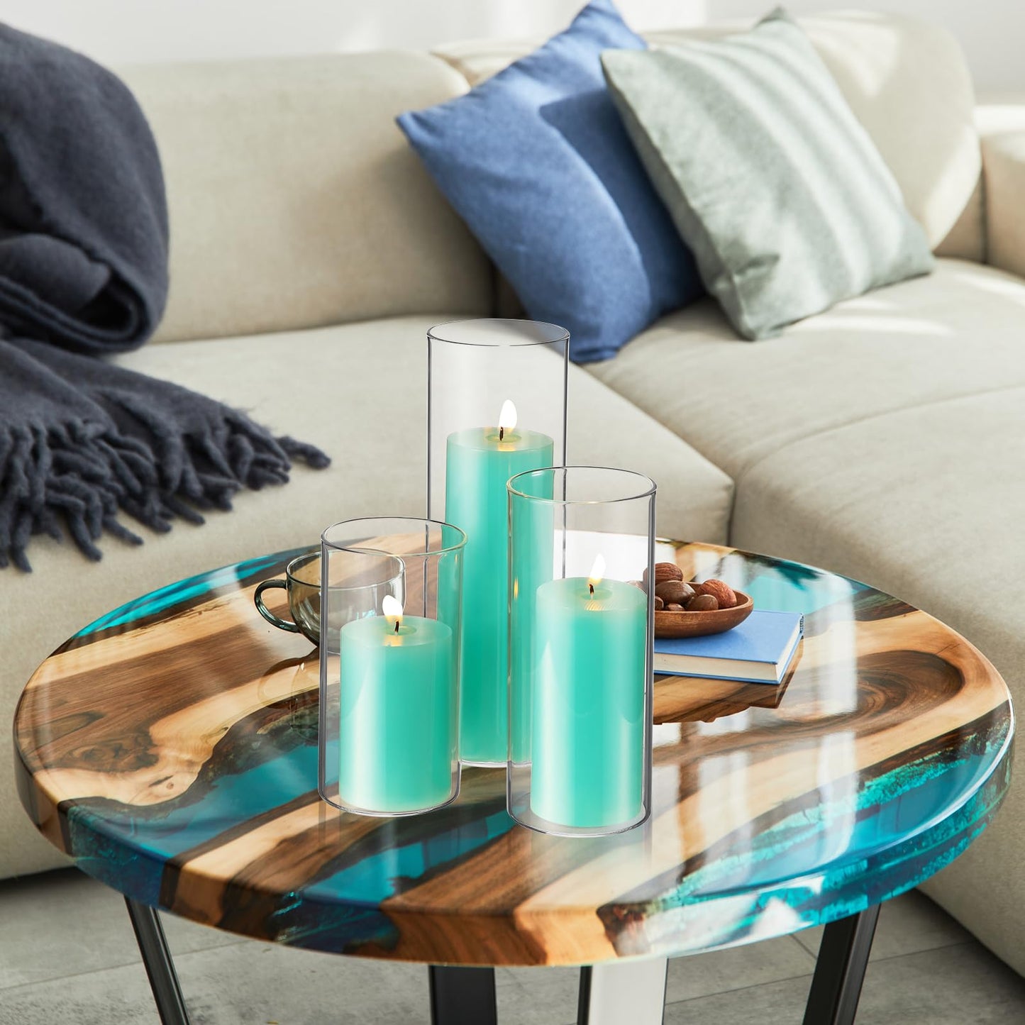 Shihanee Set of 3 Pillar Candles and 3 Glass Cylinder Candle Vases Holders Clear Pillar Jars for Wedding Centerpieces(3'' x 5.9'', 7.9'', 9.8'',Ivory White)