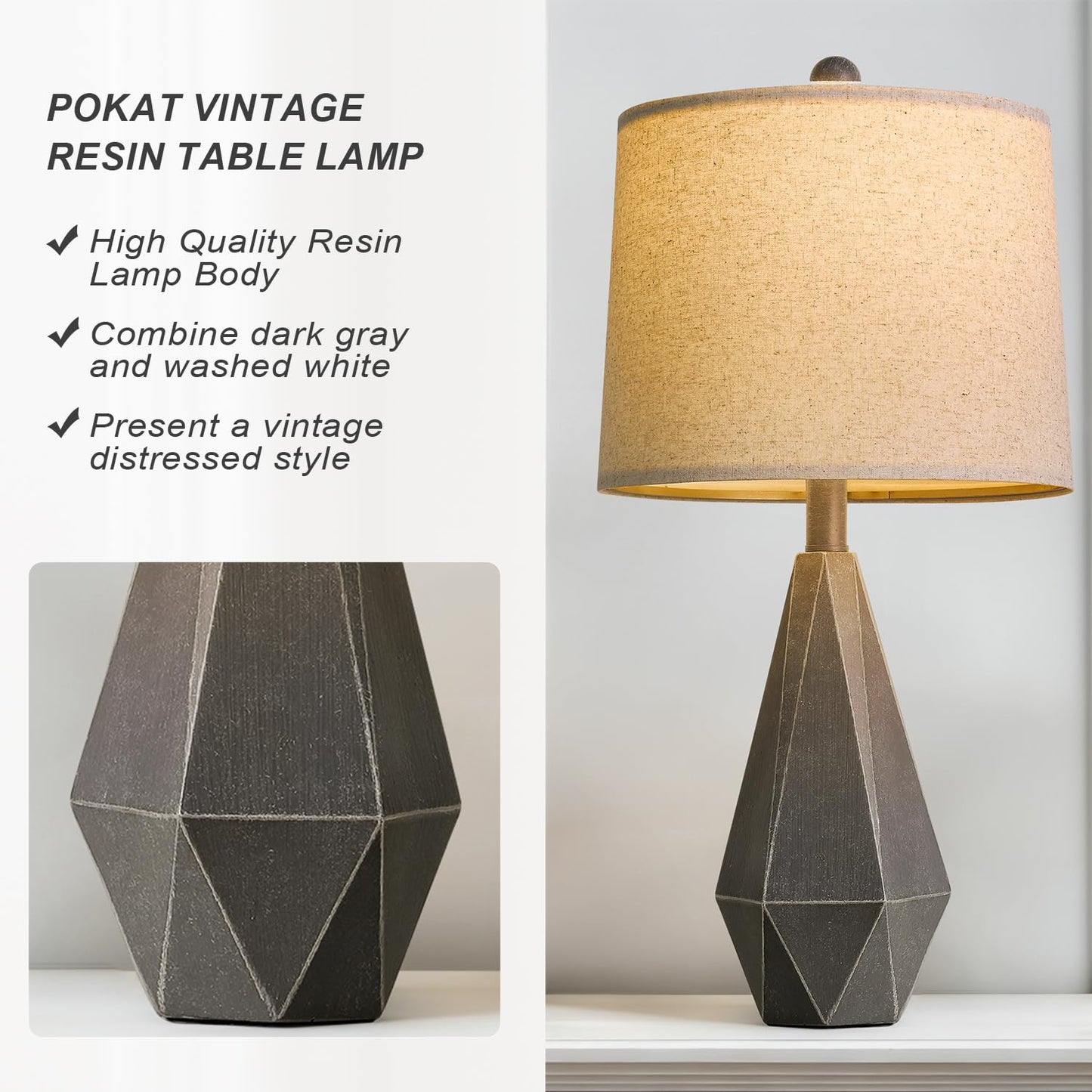 PoKat 20.25" Retro Farmhouse Table Lamp Set of 2 - Living Room & Bedroom Rustic Linen Bedside Nightstand Lamps for Kids, Study, Office - Resin, Suitable for Small Places