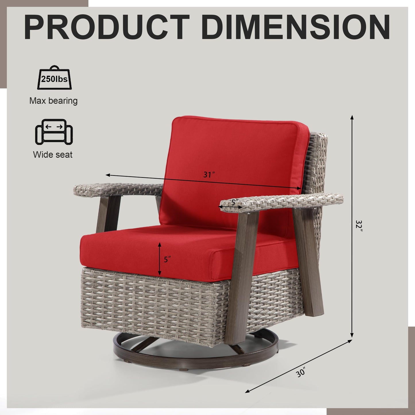 Joyside Patio Chair - Outdoor 360 Degree Swivel Rocker Chair with Durable Fabric Cushion and Ergonomic Structure, Patio Wicker Dining Chair(Grey/Dark Blue)