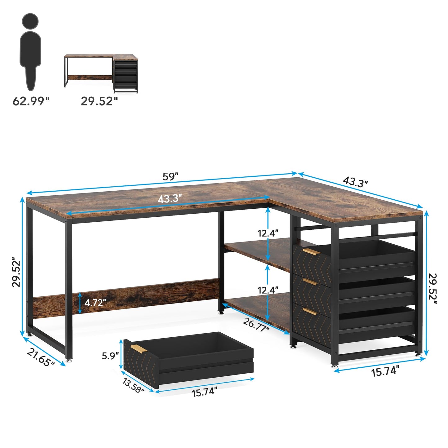 Tribesigns L Shaped Computer Desk with Storage Drawers, 59 inch Corner Desk with Shelves, Reversible L-Shaped Office Desk Study Writing Table Workstation for Home Office, Walnut & White