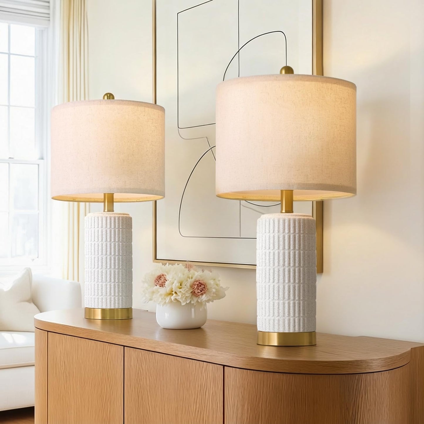 PoKat 20.75" Small Modern Ceramic Table Lamps Set of 2 for Bedroom, White Bedside Lamps for Night Stands, Farmhouse Desk Decor Gift Nightstand Table Lamps for Living Room End Table Beige
