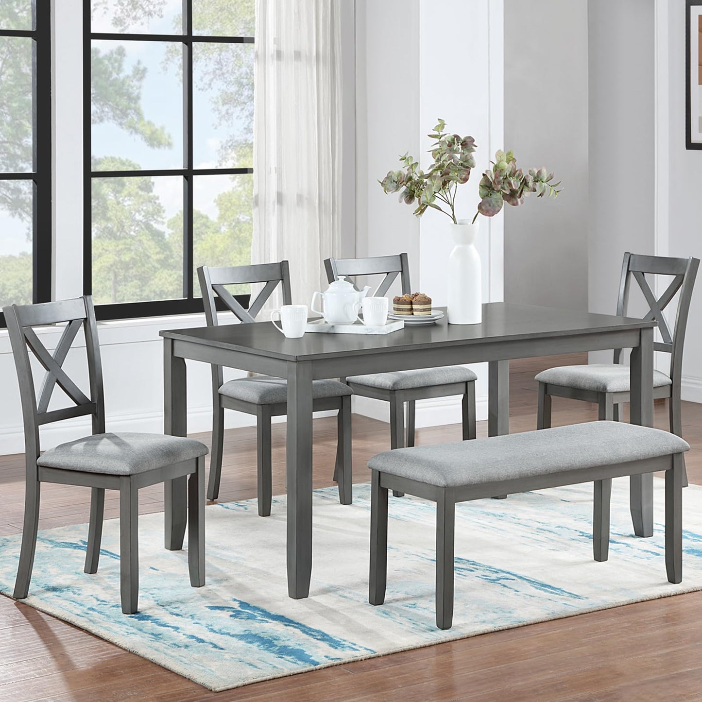 LKTART 6 Piece Kitchen Dining Set, 58.5" Rectangular Wooden Dinner Table with 4 Upholstered Chairs and a Bench for Living Room, Home Bar and Kitchen, Walnut