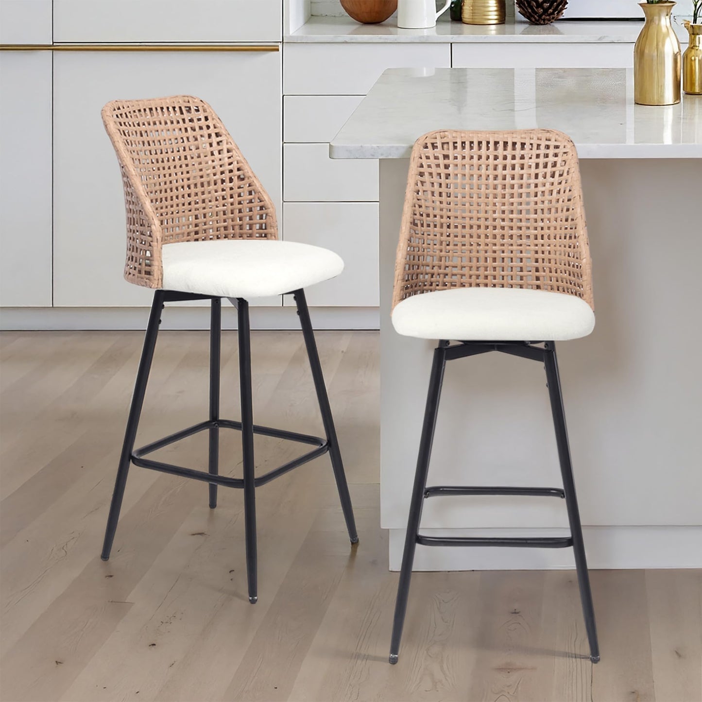 28.7" Swivel Bar Stools Set of 2, Mid Century Modern Counter Height Barstools with Rattan Backrest, Upholstered Chenille Armless Bar Chair Island Stools for Kitchen Island, Bar, Beige