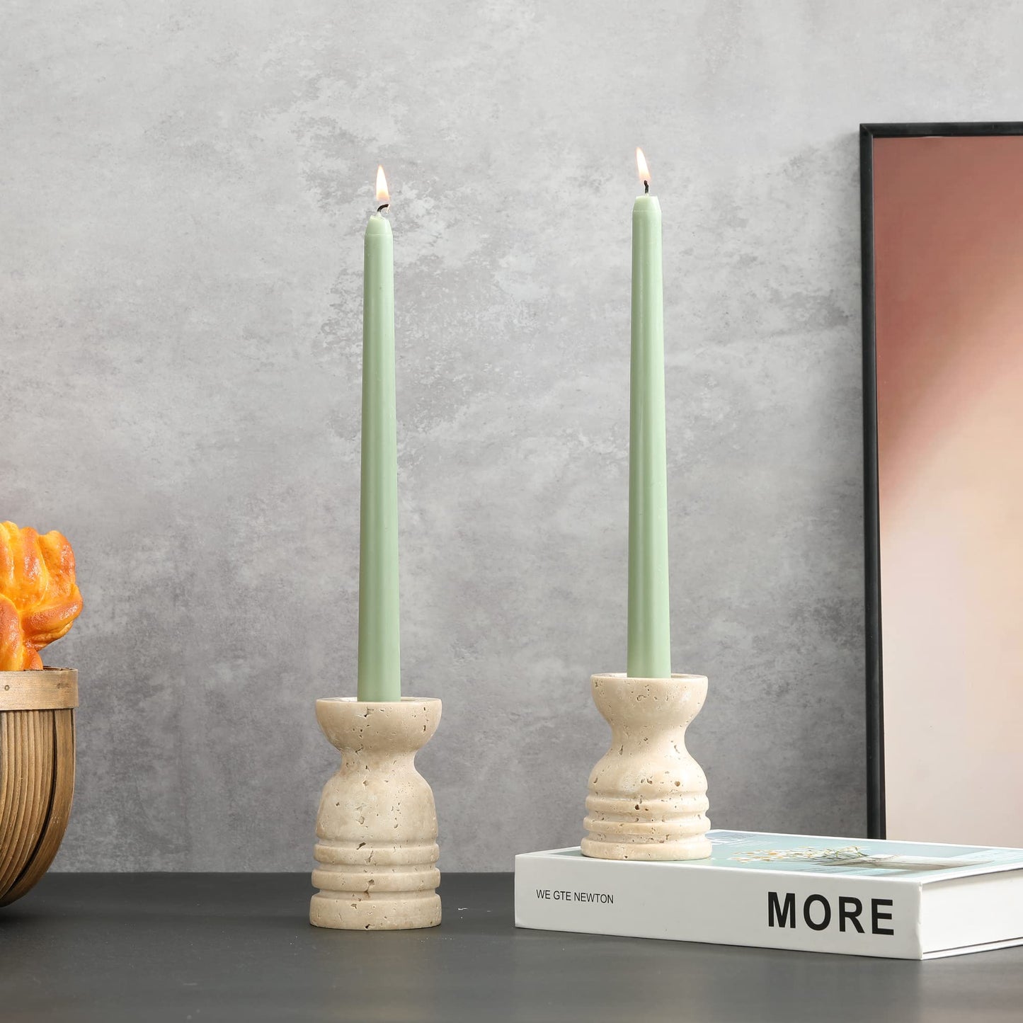 Candle Holders Italy True Natural Travertine Stone Set of 2 Premium Marble Candlestick Holder for Wedding Dinning Party Candle Stand for Dia 3/4" Taper Pillar Candles Color Beige (CH6065YL)